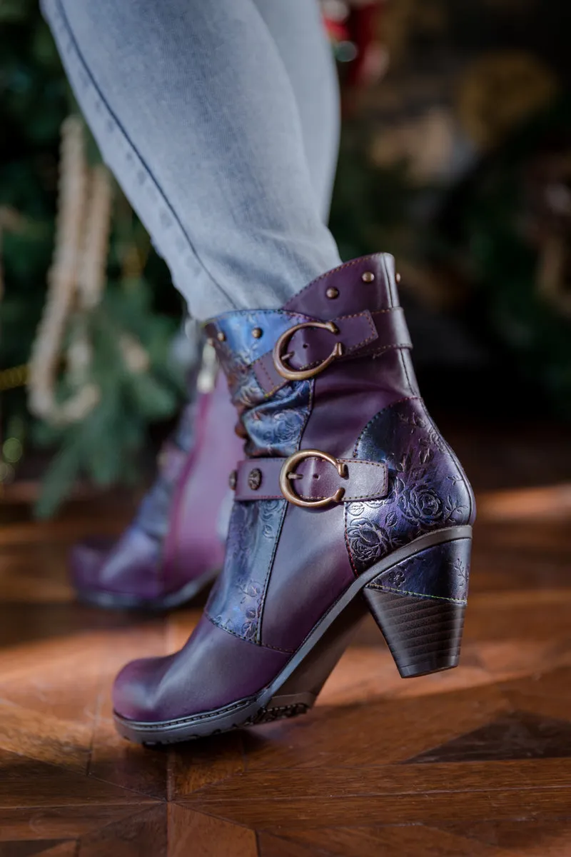 Floral Embossed Buckle Up Leather Bootie - Purple