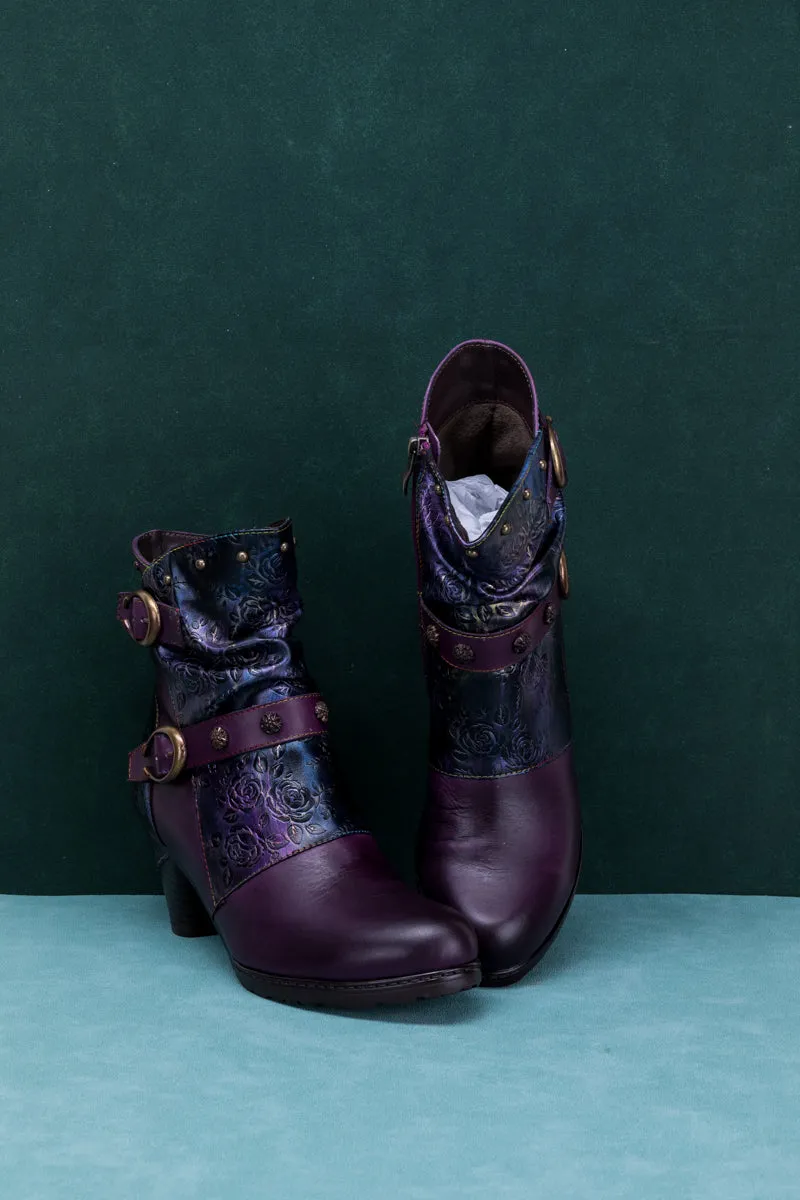 Floral Embossed Buckle Up Leather Bootie - Purple