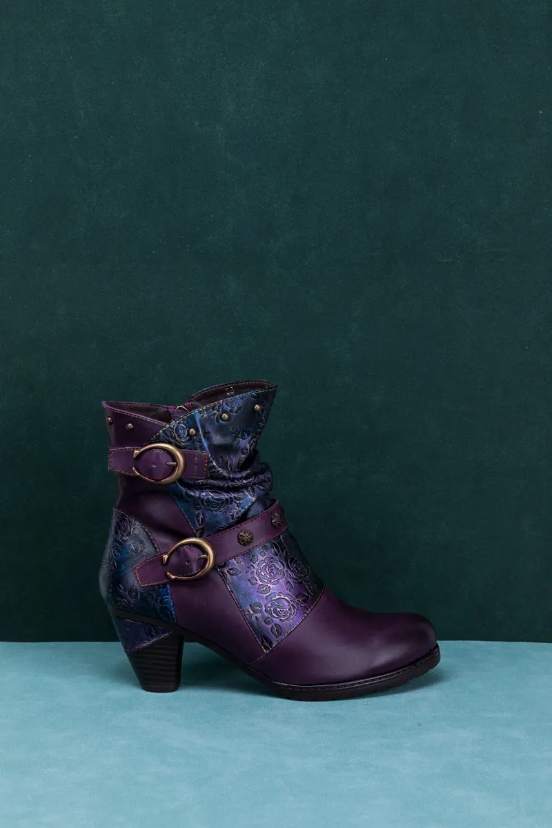 Floral Embossed Buckle Up Leather Bootie - Purple
