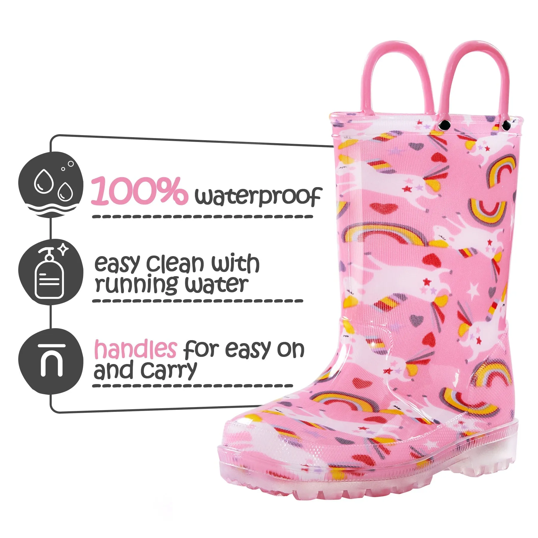 Fun Unicorn Waterproof Kids Pink Rain Boots