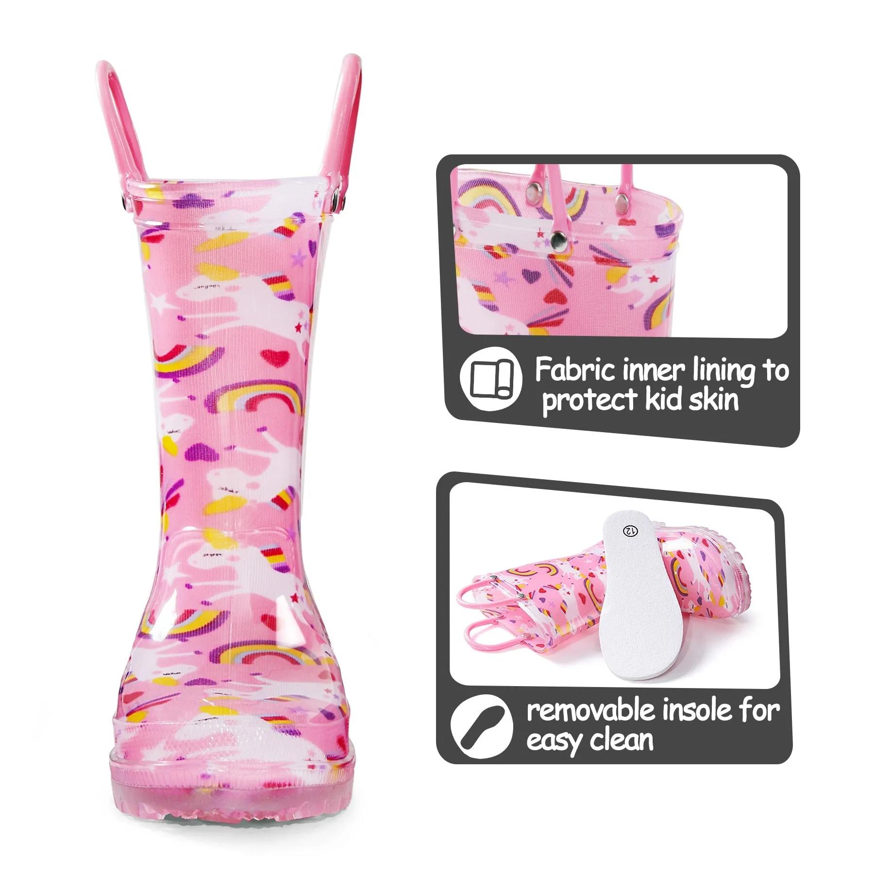Fun Unicorn Waterproof Kids Pink Rain Boots