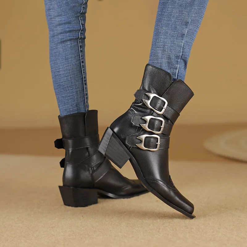 Genuine Leather Square Toe Chunky Heel Ankle Boots