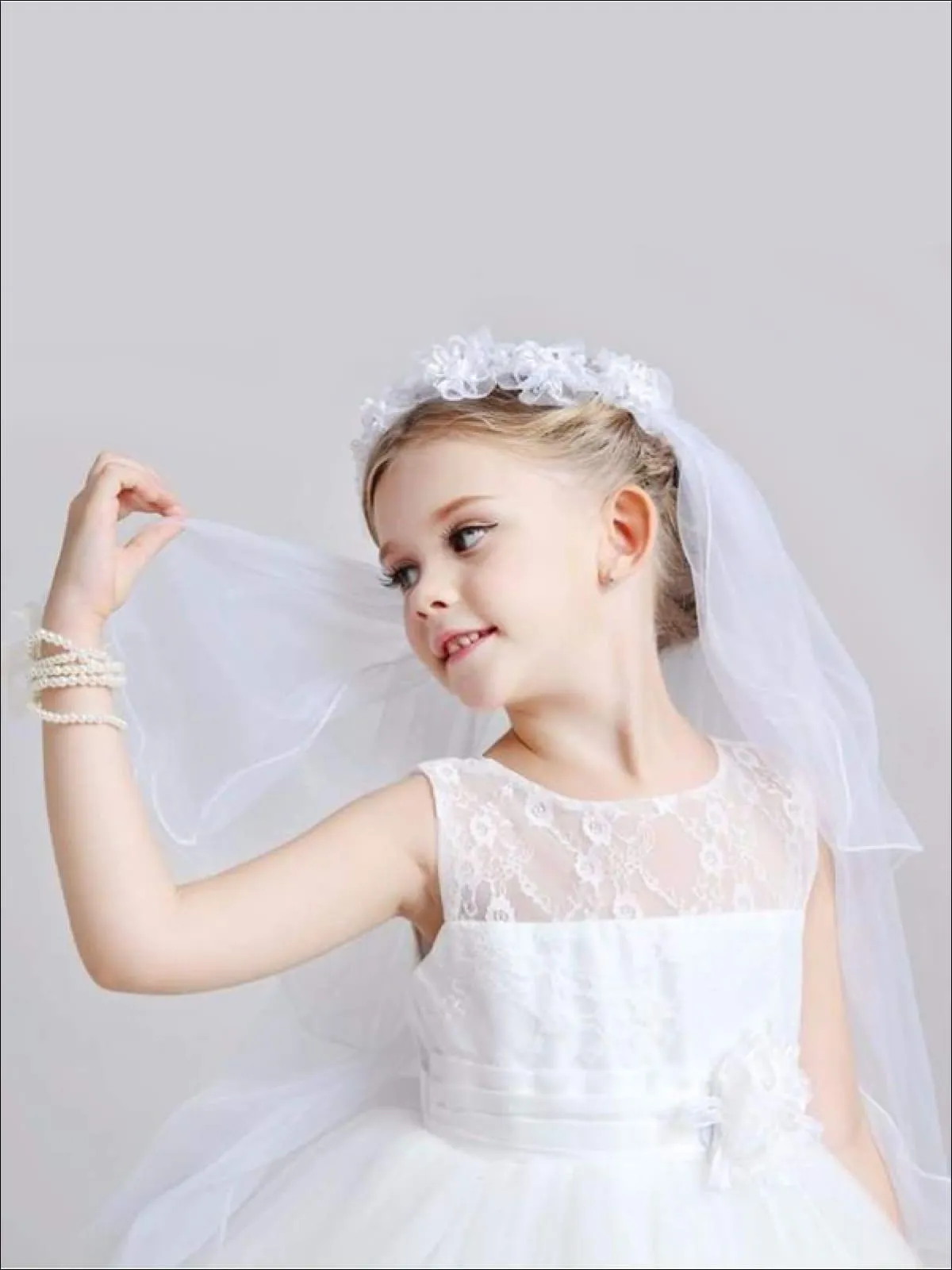 Girls Communion Floral Beaded Hairband and Tiered Veil