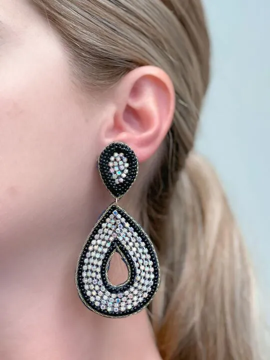 Glitzy Seed Bead Teardrop Dangle Earrings - Black