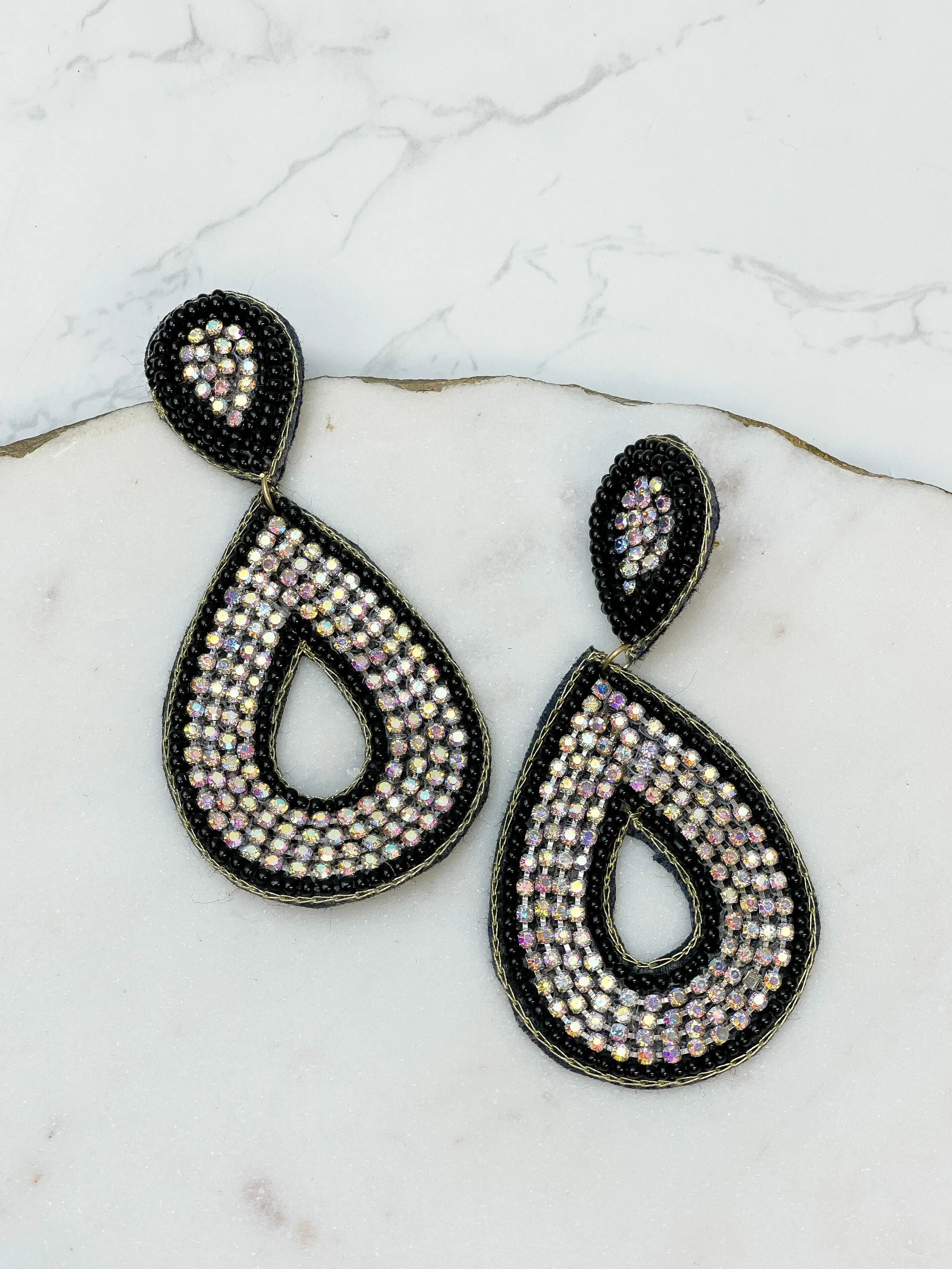 Glitzy Seed Bead Teardrop Dangle Earrings - Black