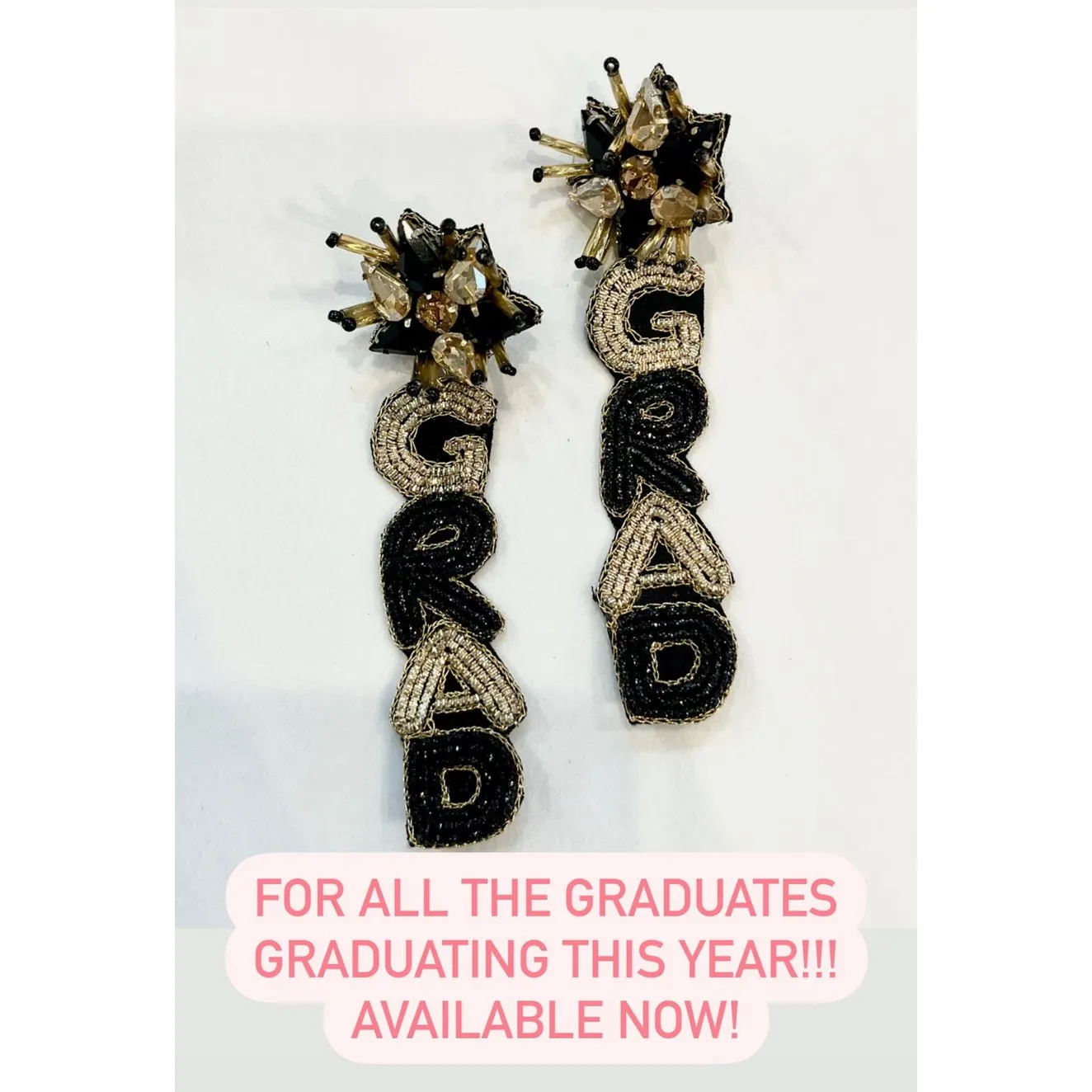 GRAD Gold and Black Beaded Drop Earrings