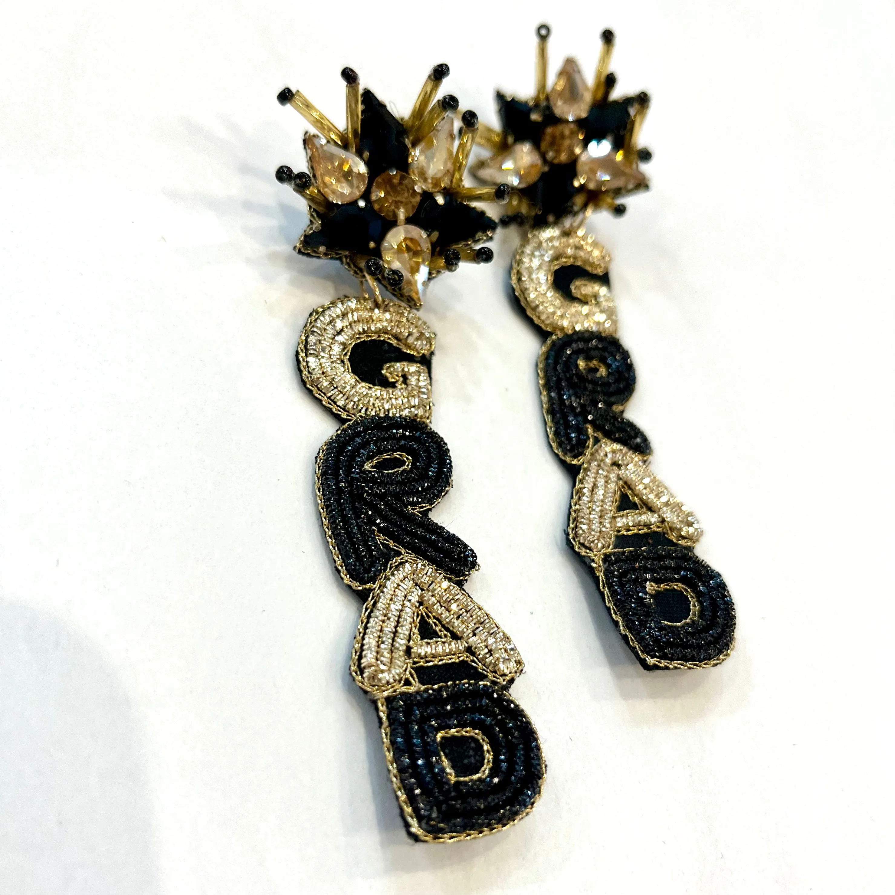 GRAD Gold and Black Beaded Drop Earrings