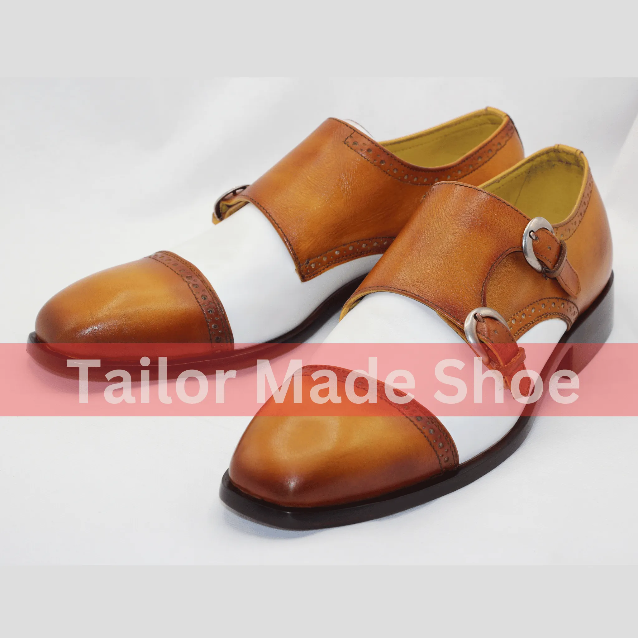 Handmade Leather Double Monk Strap Shoes - Brown and White Classic Handcrafted Double Monk Strap Shoes - Premium Quality Leather
