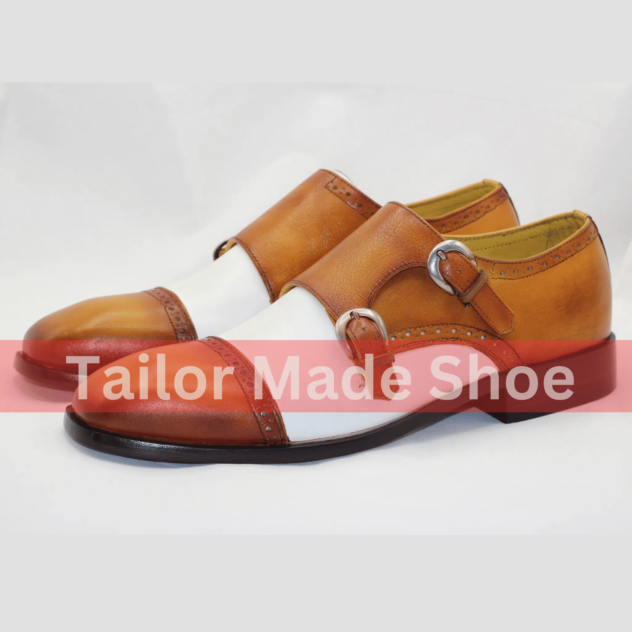 Handmade Leather Double Monk Strap Shoes - Brown and White Classic Handcrafted Double Monk Strap Shoes - Premium Quality Leather