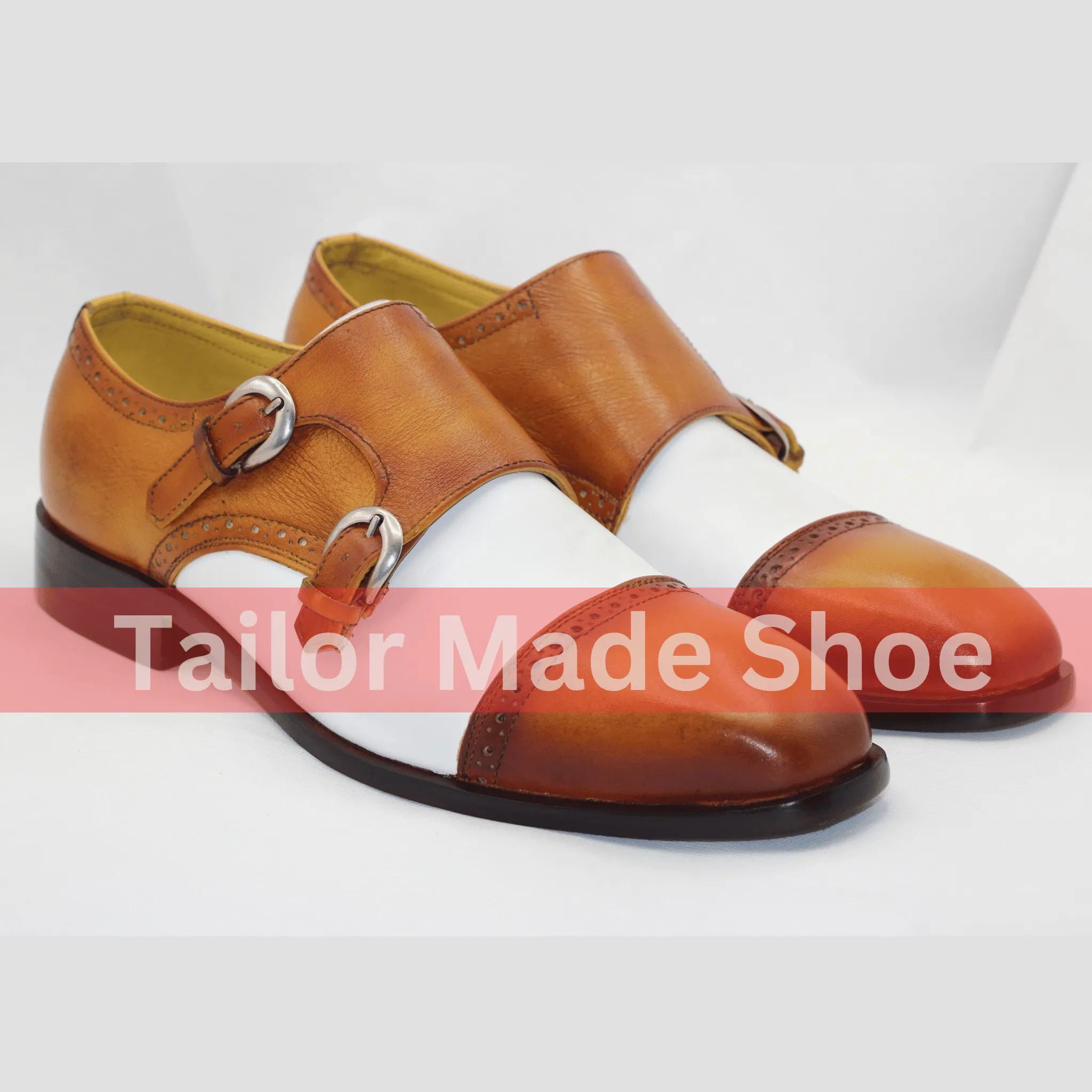 Handmade Leather Double Monk Strap Shoes - Brown and White Classic Handcrafted Double Monk Strap Shoes - Premium Quality Leather