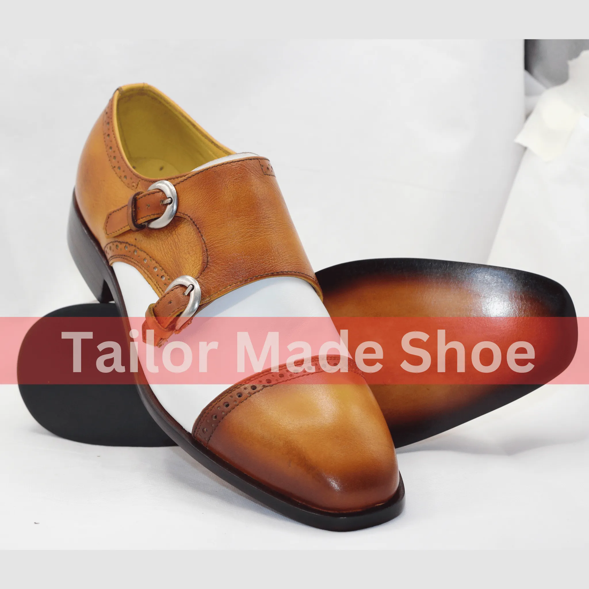 Handmade Leather Double Monk Strap Shoes - Brown and White Classic Handcrafted Double Monk Strap Shoes - Premium Quality Leather