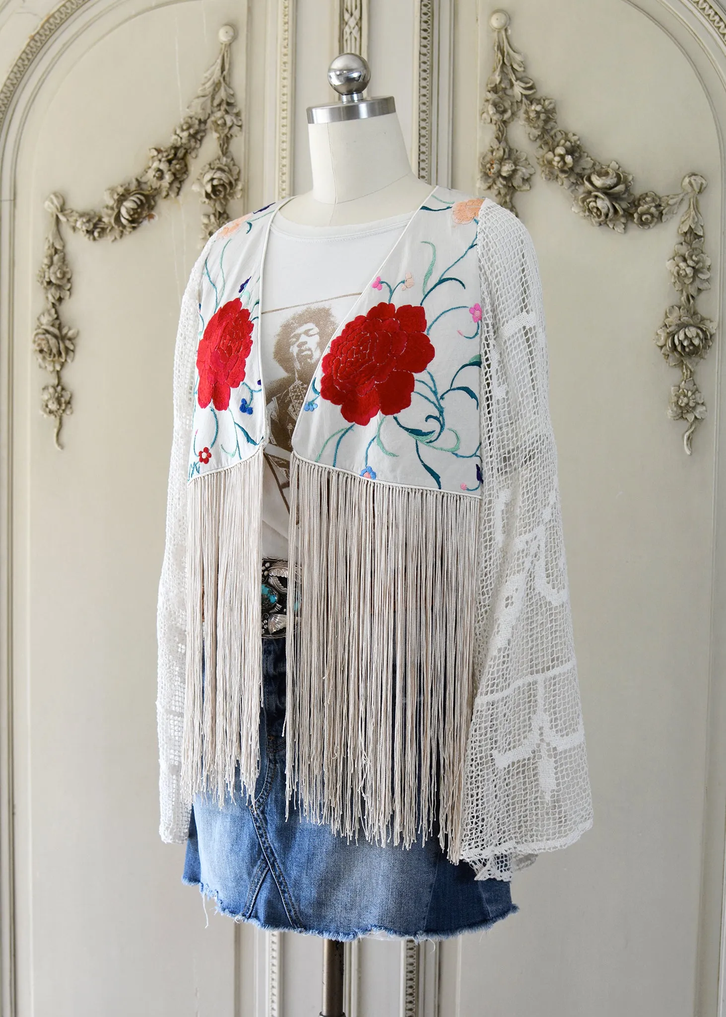 Hannah Antique Hand Embroidered Creme & Rose Silk Bolero Jacket with Elaborate Fringes