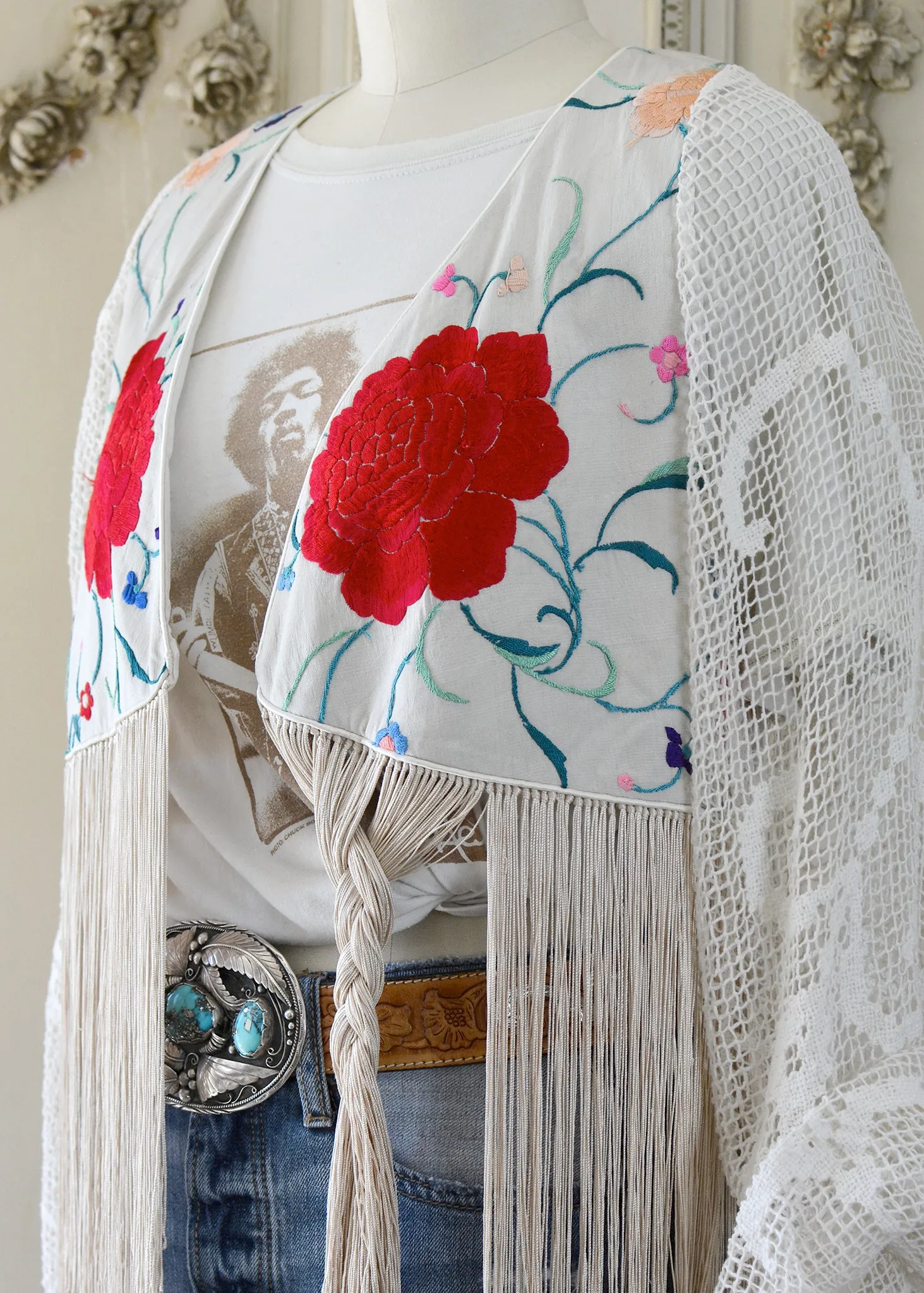 Hannah Antique Hand Embroidered Creme & Rose Silk Bolero Jacket with Elaborate Fringes