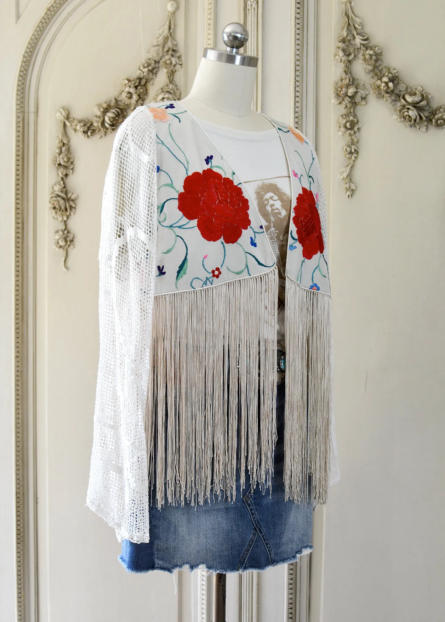 Hannah Antique Hand Embroidered Creme & Rose Silk Bolero Jacket with Elaborate Fringes