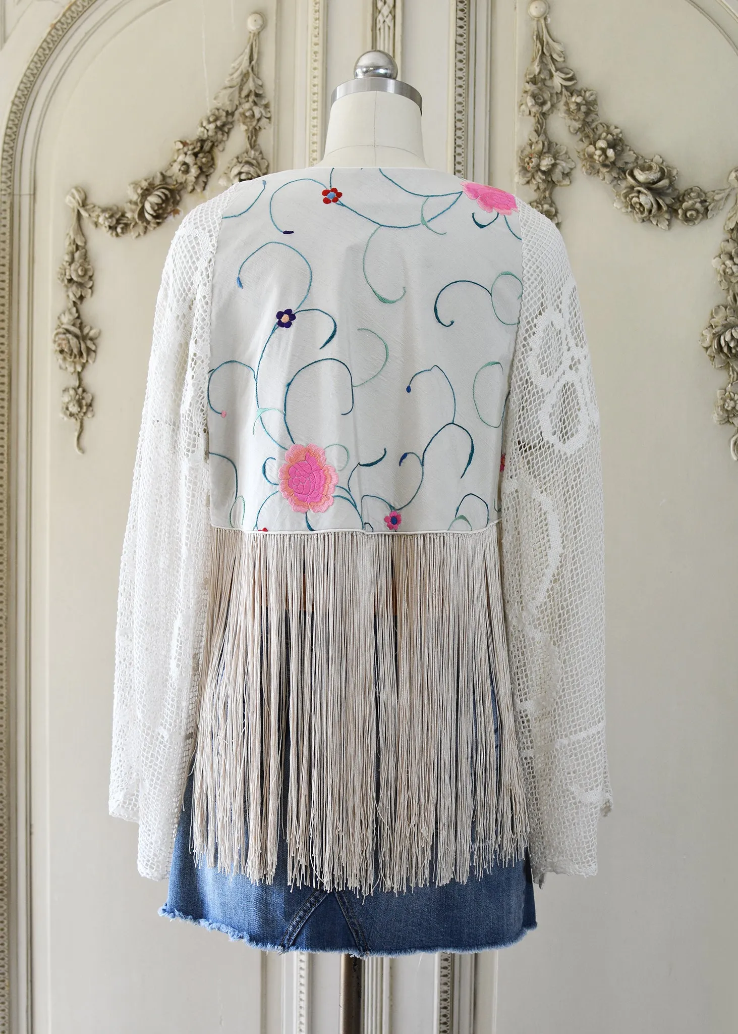 Hannah Antique Hand Embroidered Creme & Rose Silk Bolero Jacket with Elaborate Fringes