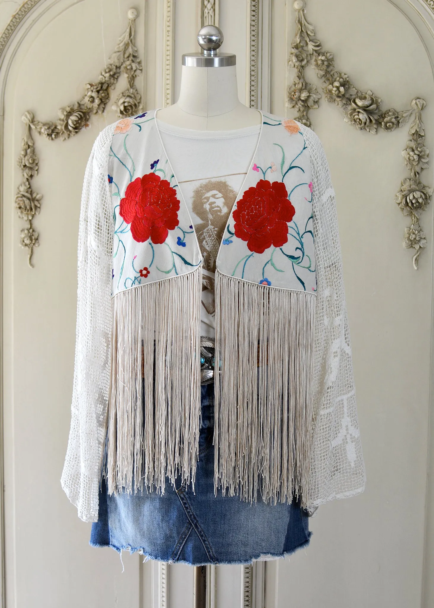 Hannah Antique Hand Embroidered Creme & Rose Silk Bolero Jacket with Elaborate Fringes
