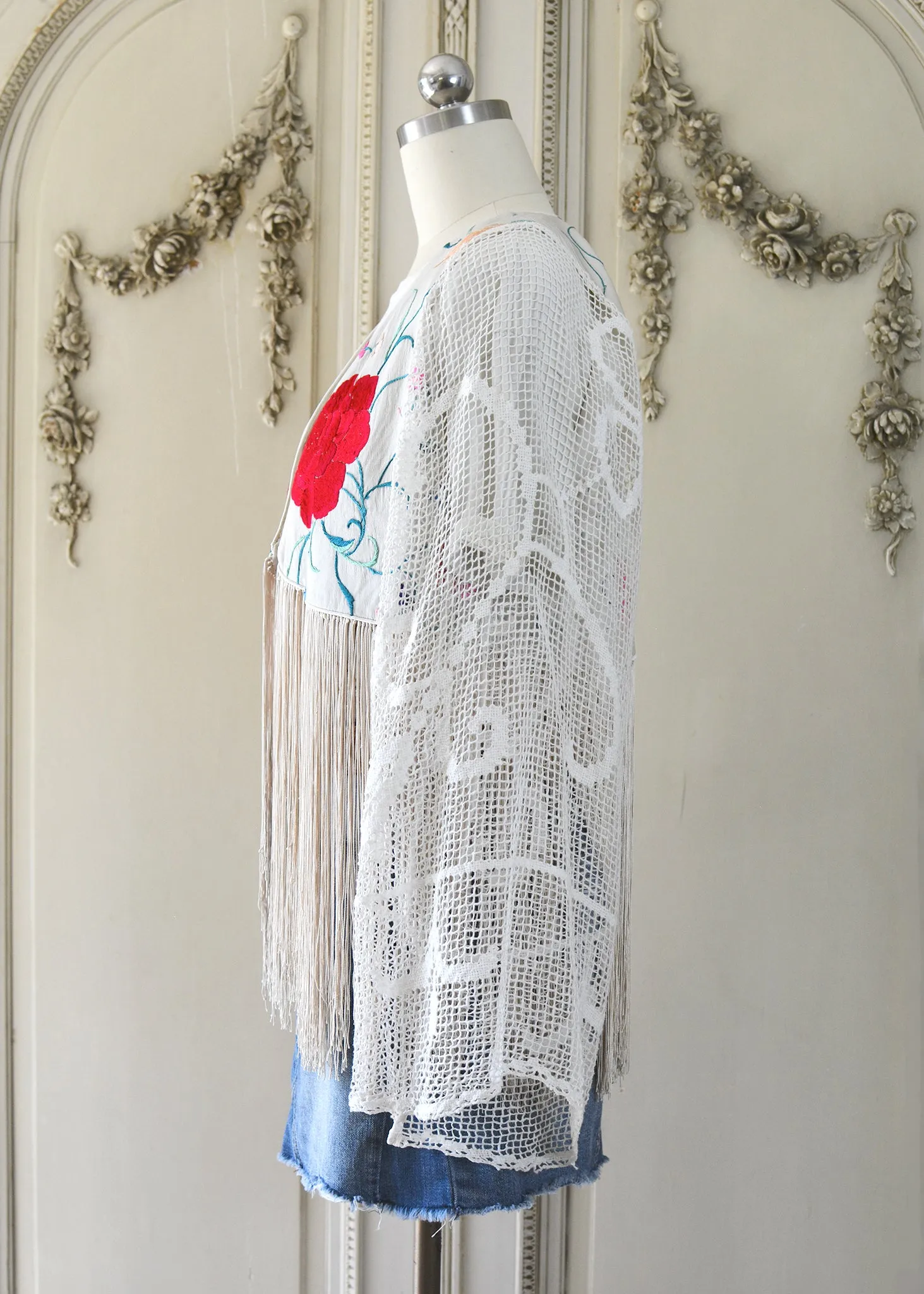 Hannah Antique Hand Embroidered Creme & Rose Silk Bolero Jacket with Elaborate Fringes