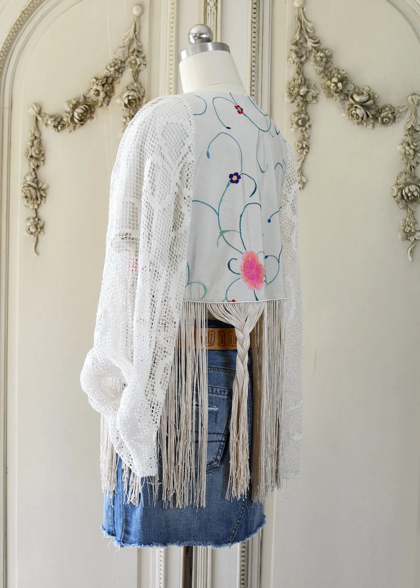 Hannah Antique Hand Embroidered Creme & Rose Silk Bolero Jacket with Elaborate Fringes