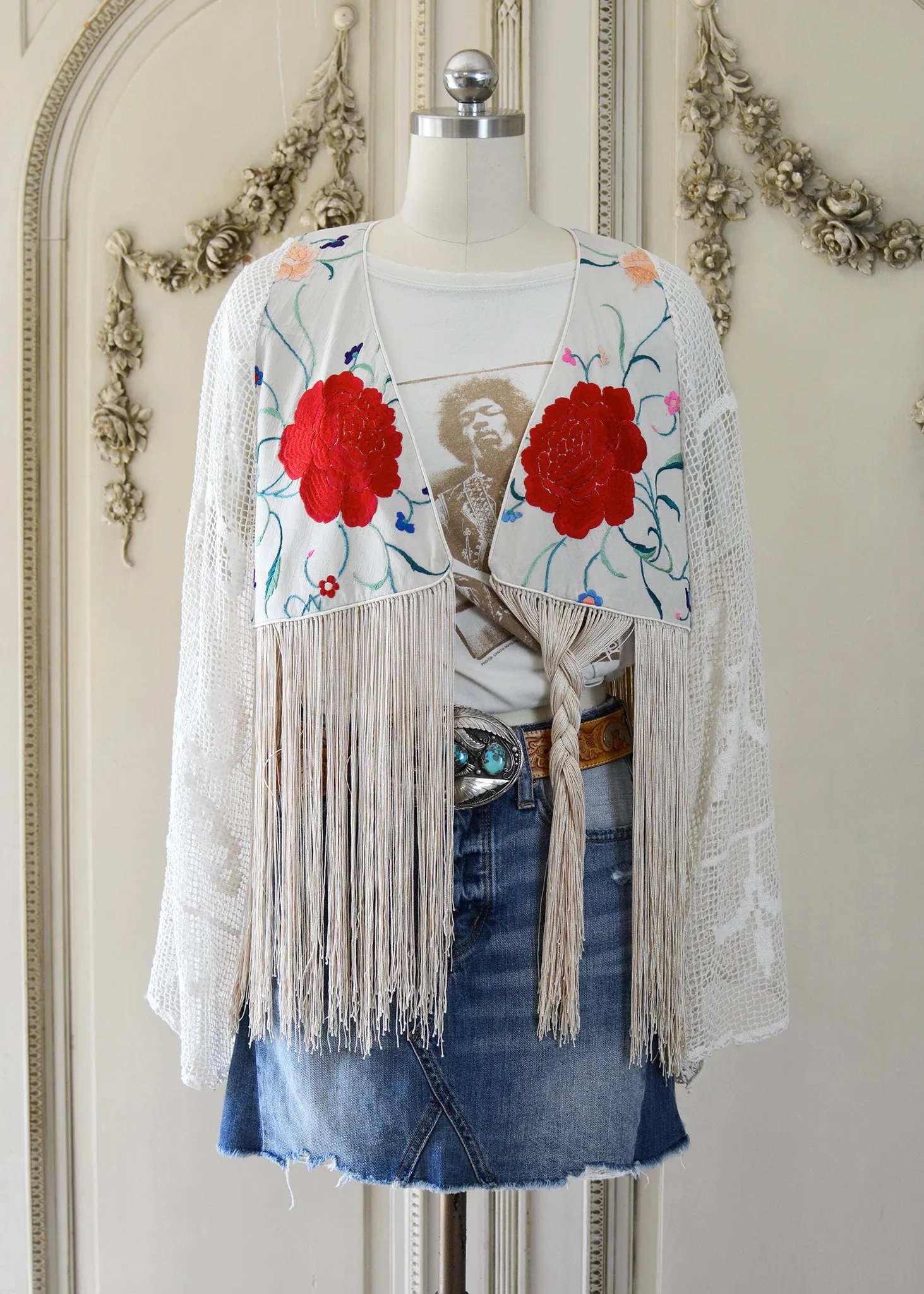Hannah Antique Hand Embroidered Creme & Rose Silk Bolero Jacket with Elaborate Fringes