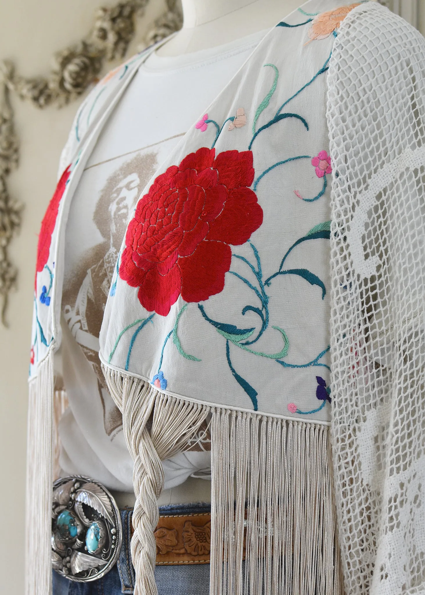 Hannah Antique Hand Embroidered Creme & Rose Silk Bolero Jacket with Elaborate Fringes