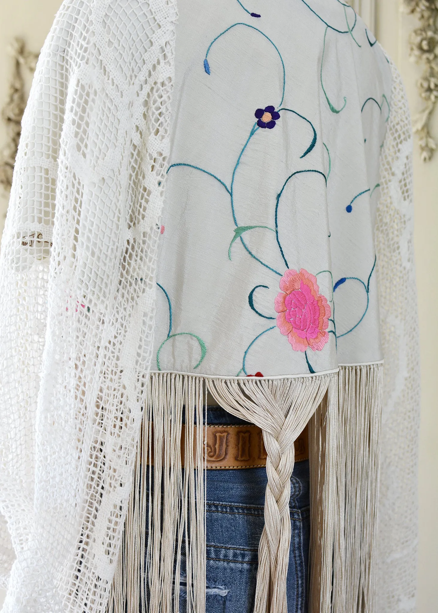 Hannah Antique Hand Embroidered Creme & Rose Silk Bolero Jacket with Elaborate Fringes