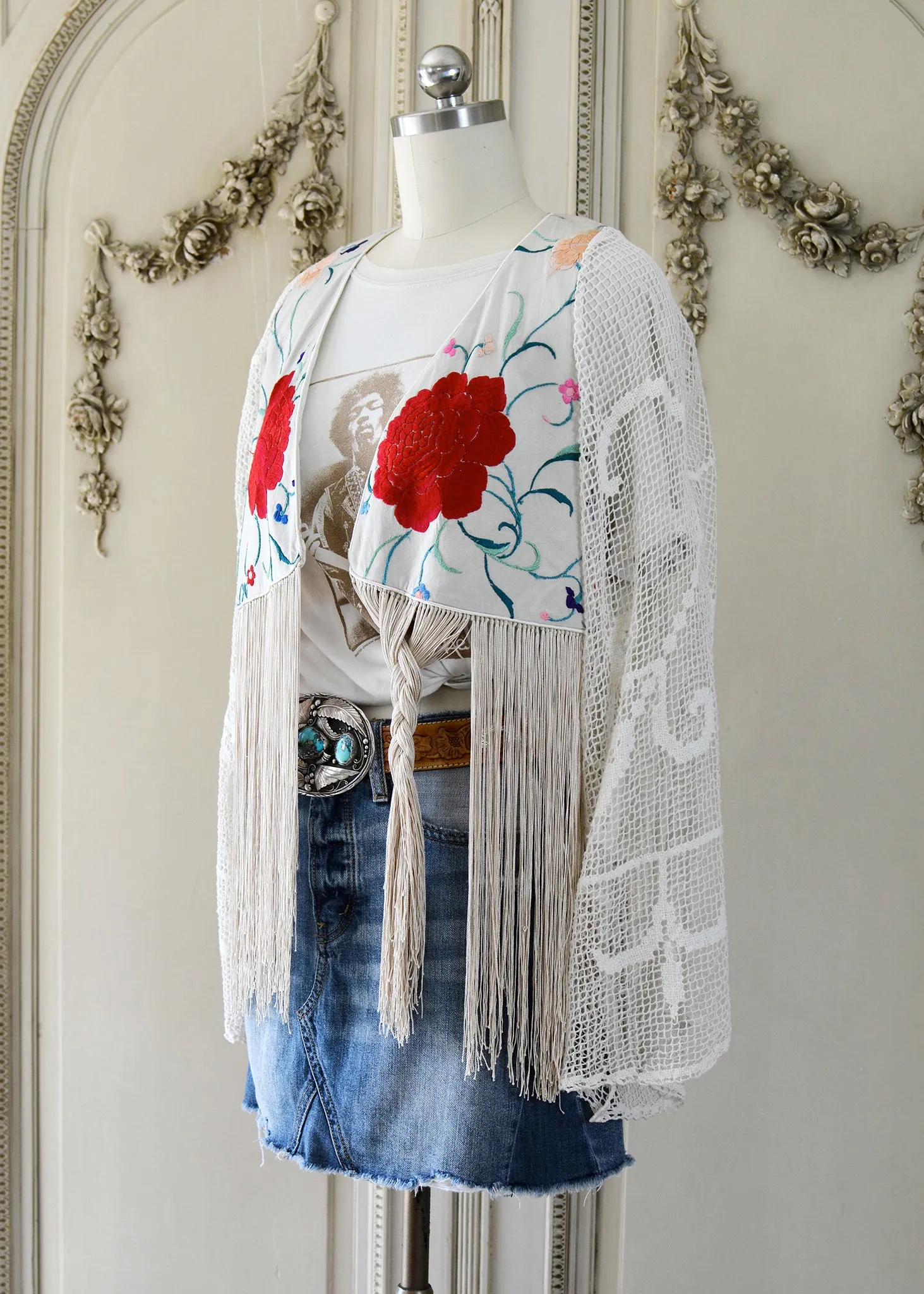 Hannah Antique Hand Embroidered Creme & Rose Silk Bolero Jacket with Elaborate Fringes