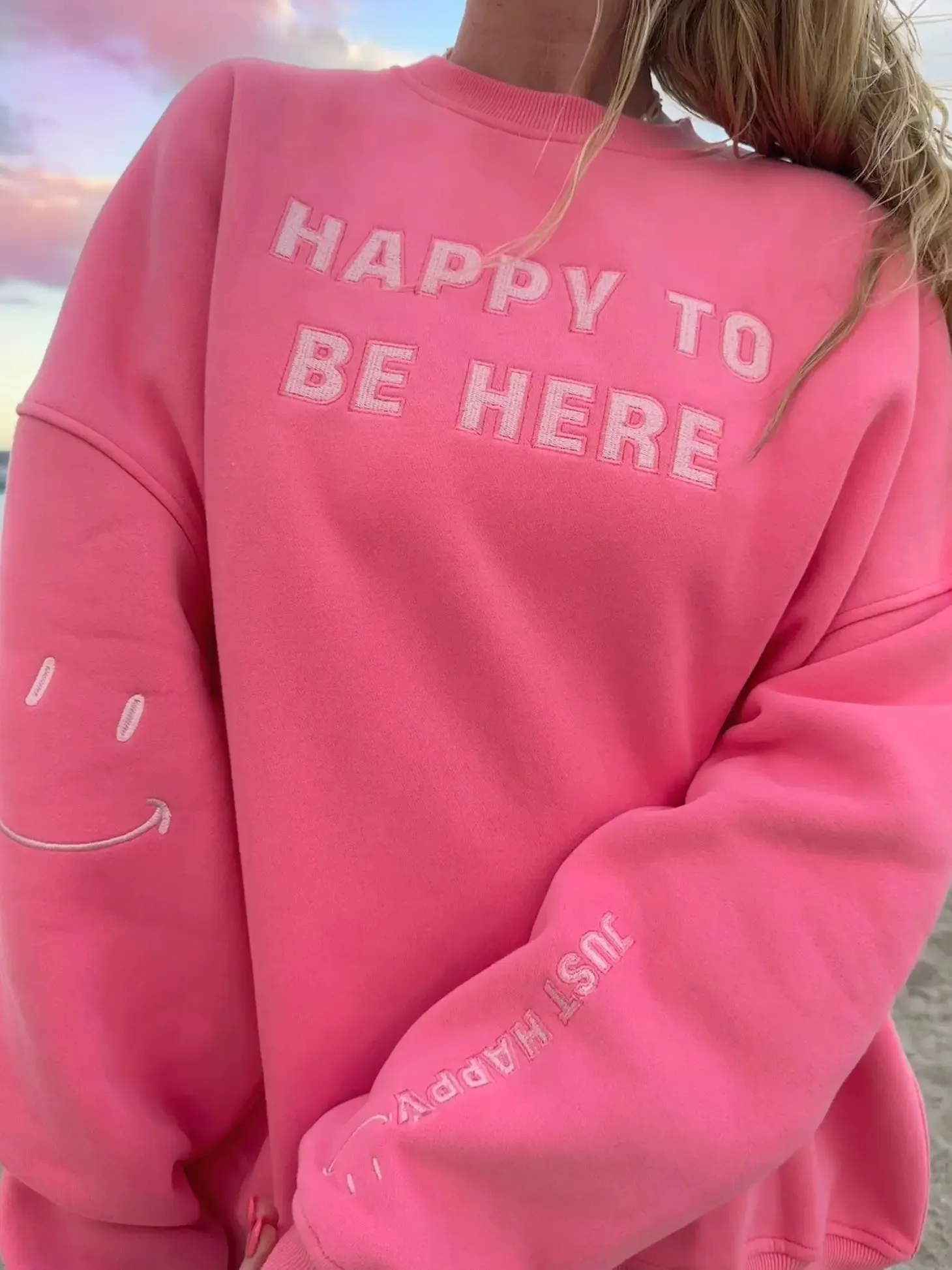 Happy To Be Here Pink Embroidered Sweatshirt