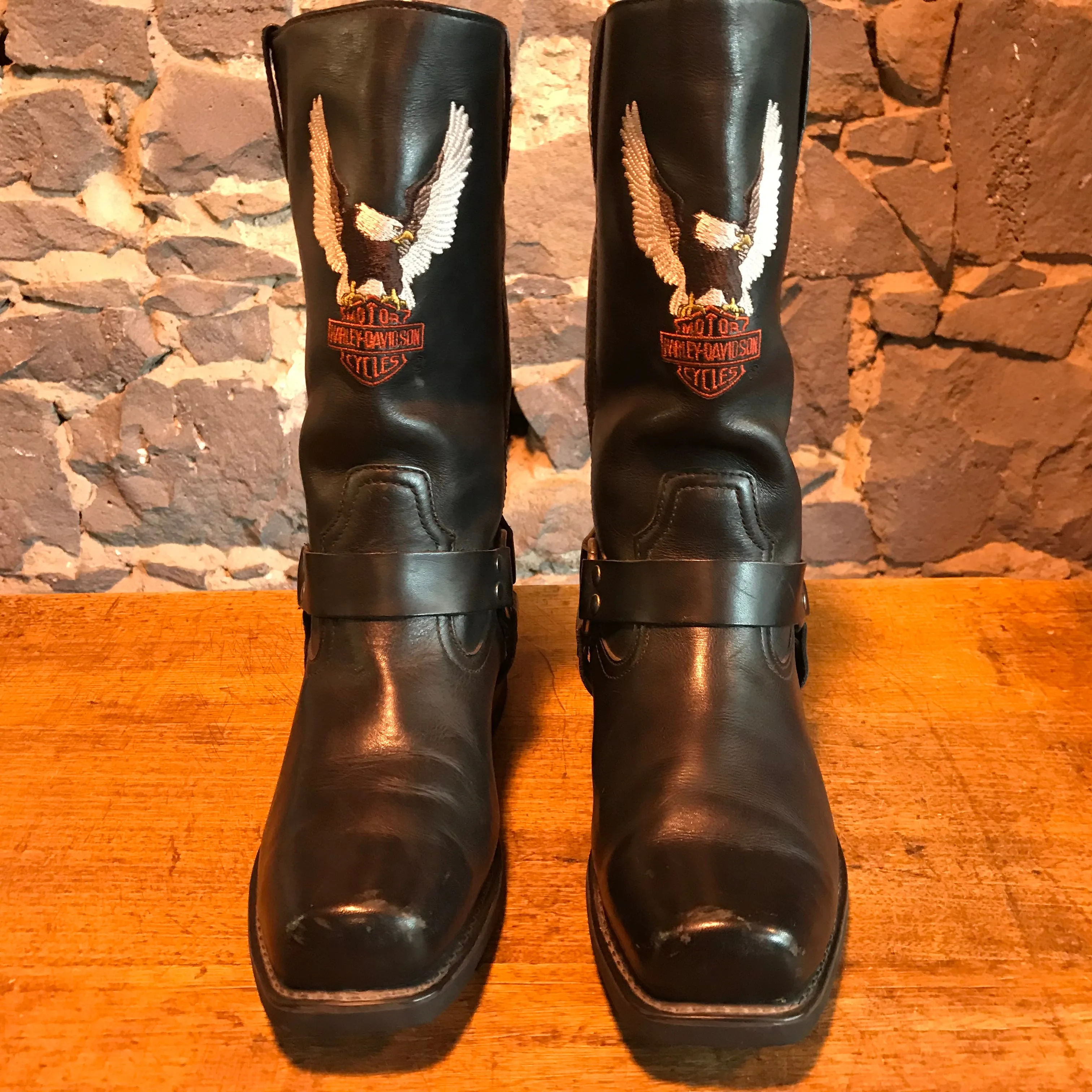 Harley Davidson Vintage Mens Black Embroidered Iconic Logo Motorcycle Boots USA Size 12