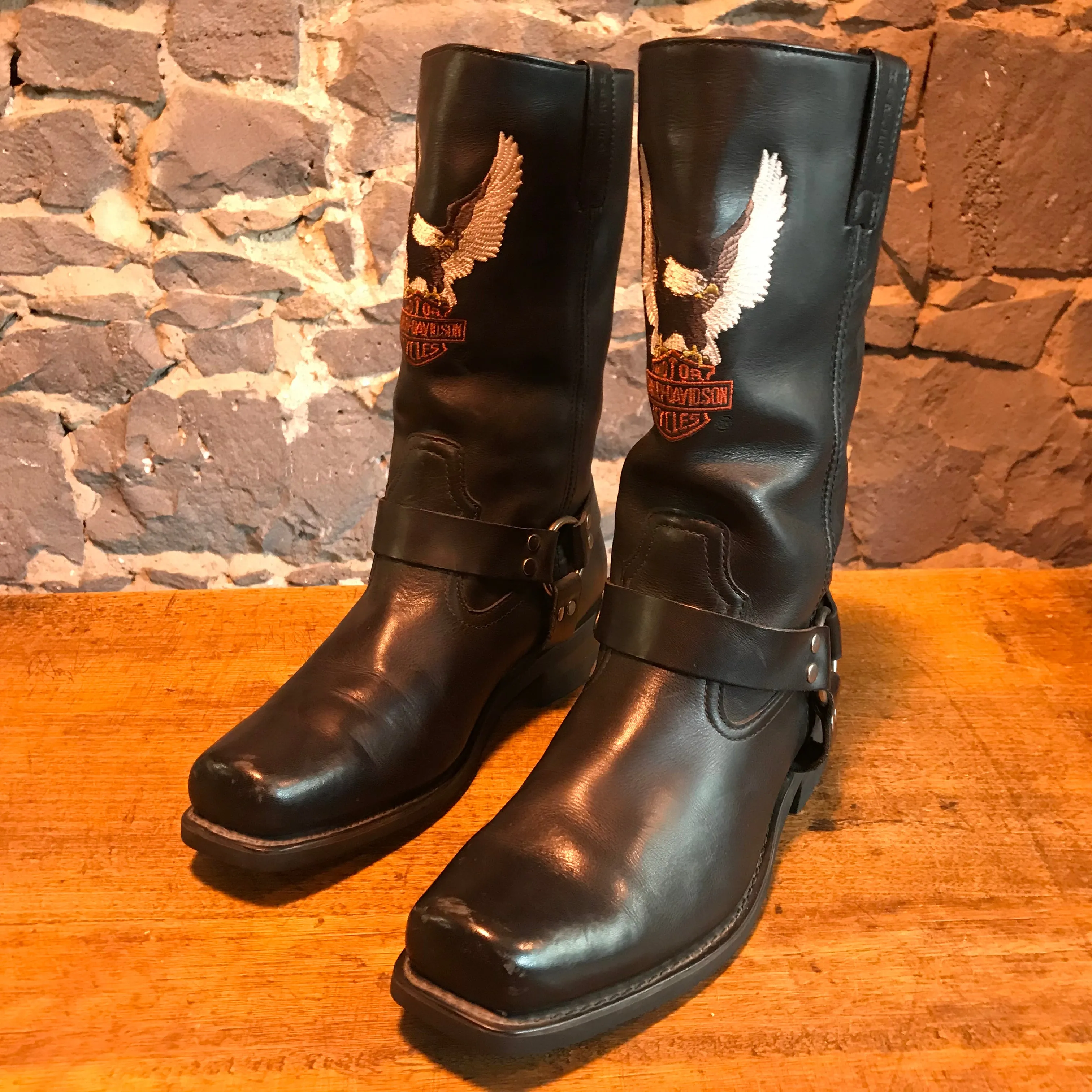 Harley Davidson Vintage Mens Black Embroidered Iconic Logo Motorcycle Boots USA Size 12
