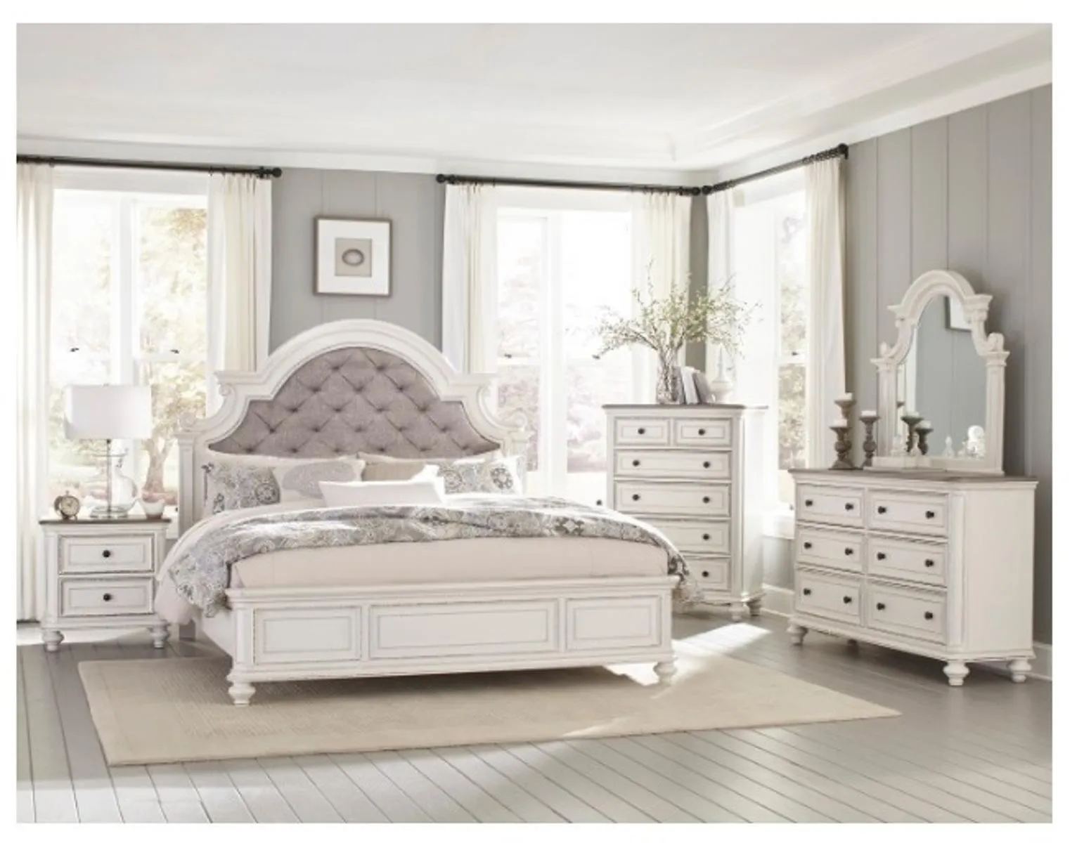 Homelegance Baylesford Queen Upholstered Panel Bed in Antique White 1624W-1*