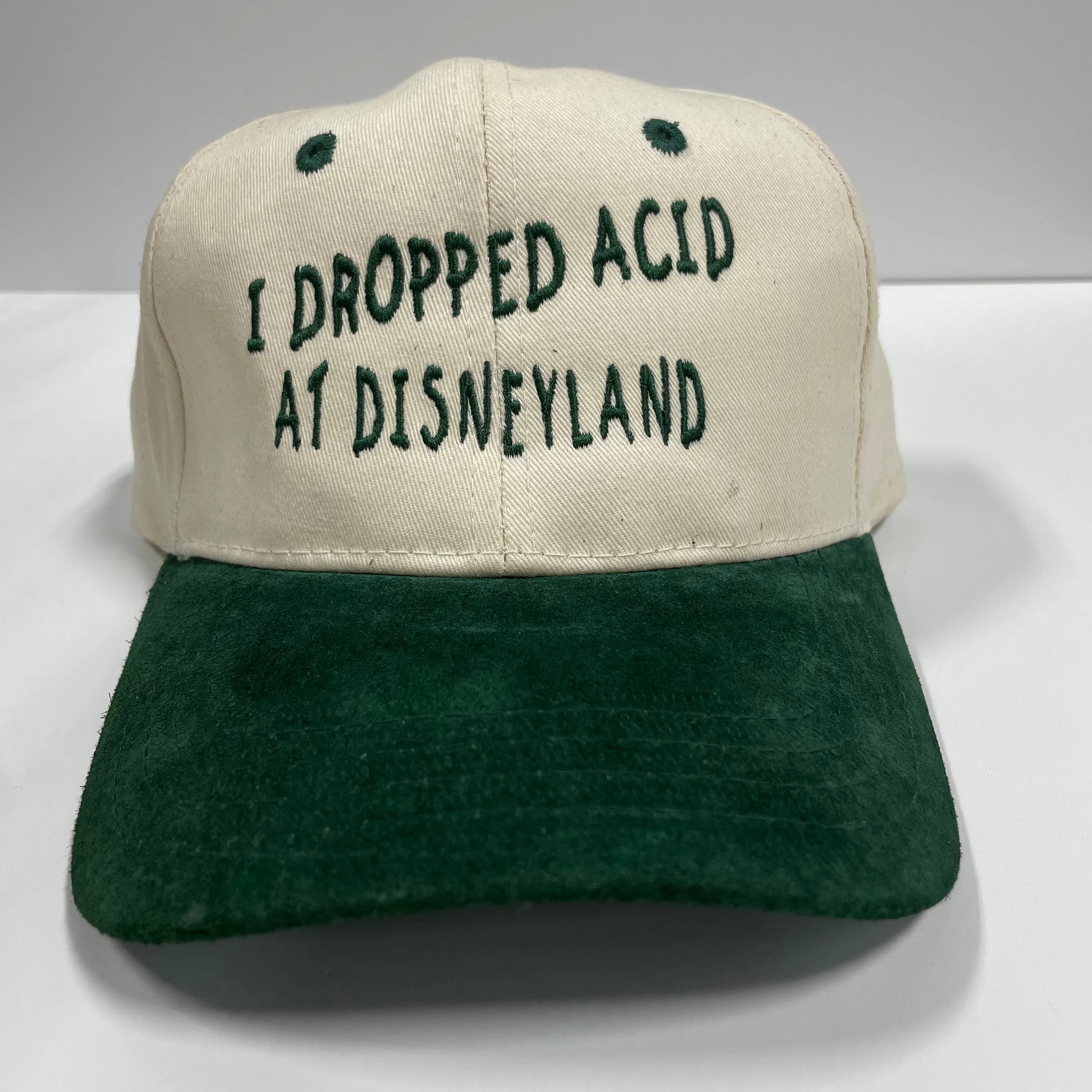 I Dropped Acid at Disneyland Vintage Green Suede Brim SnapBack Hat Cap Custom Embroidery