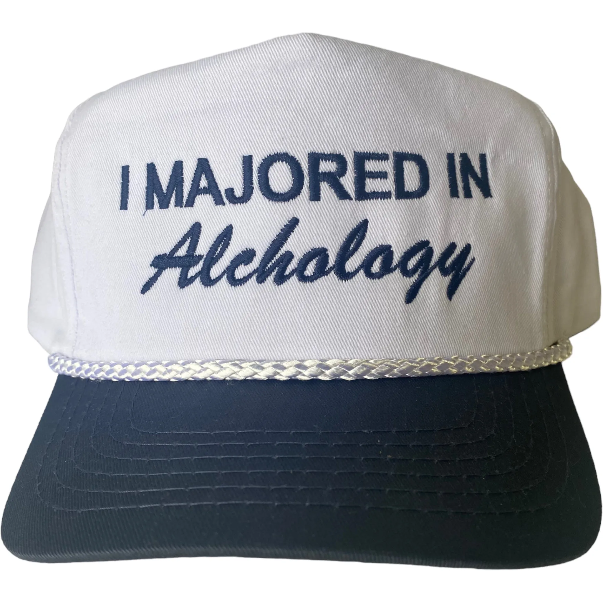 I majored in alchology Vintage Navy Brim SnapBack Hat Cap with rope Custom embroidery