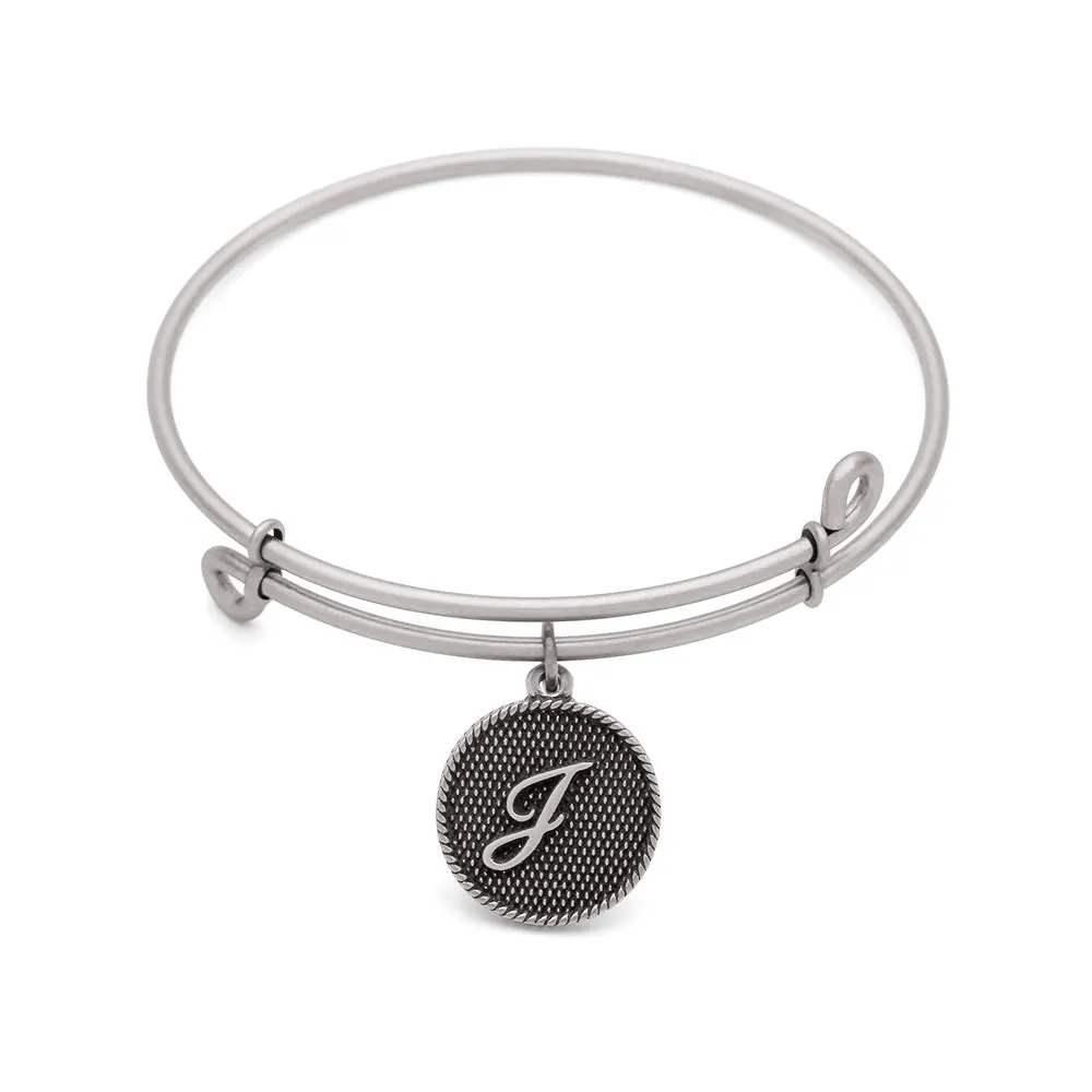 Initial J, Bangle Antique Silver Color Finish