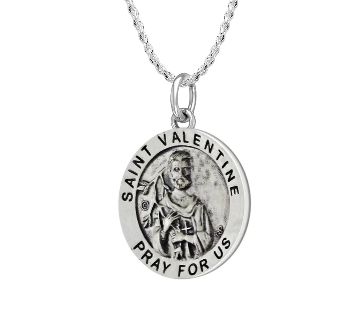 Ladies 925 Sterling Silver 18.5mm Antiqued Saint Valentine Medal Pendant Necklace