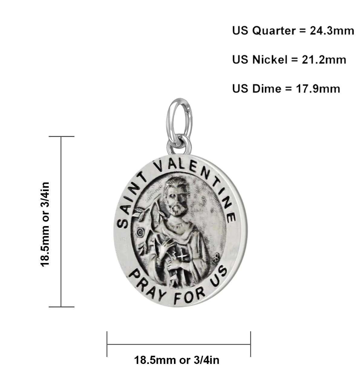 Ladies 925 Sterling Silver 18.5mm Antiqued Saint Valentine Medal Pendant Necklace