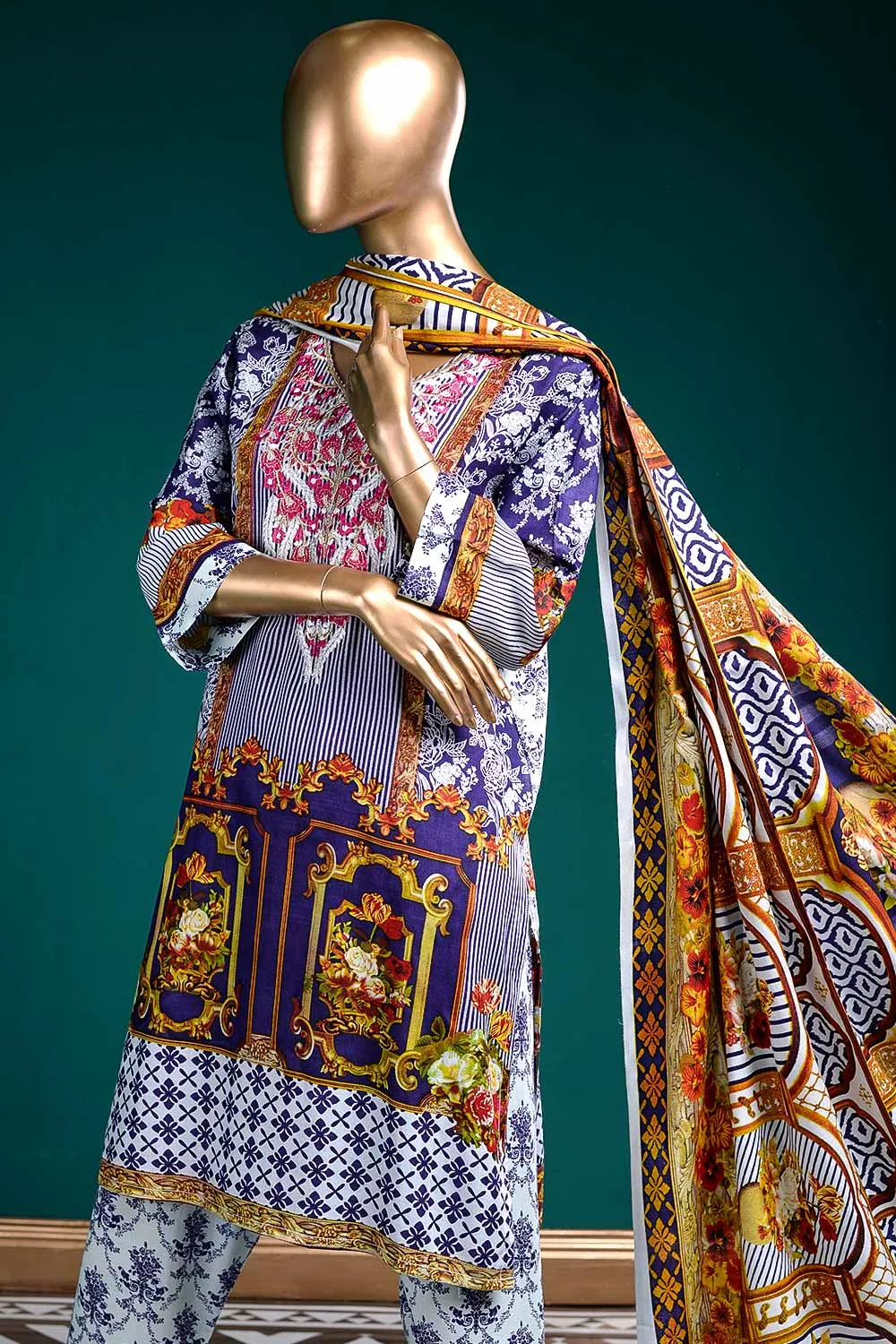 LL-1B - Frosty Affair  |  Unstitched Printed & Embroidered Linen Dress
