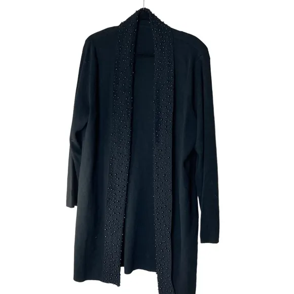 Long Black Sweater with Fully Beaded Lapel Black Unbranded Size Large