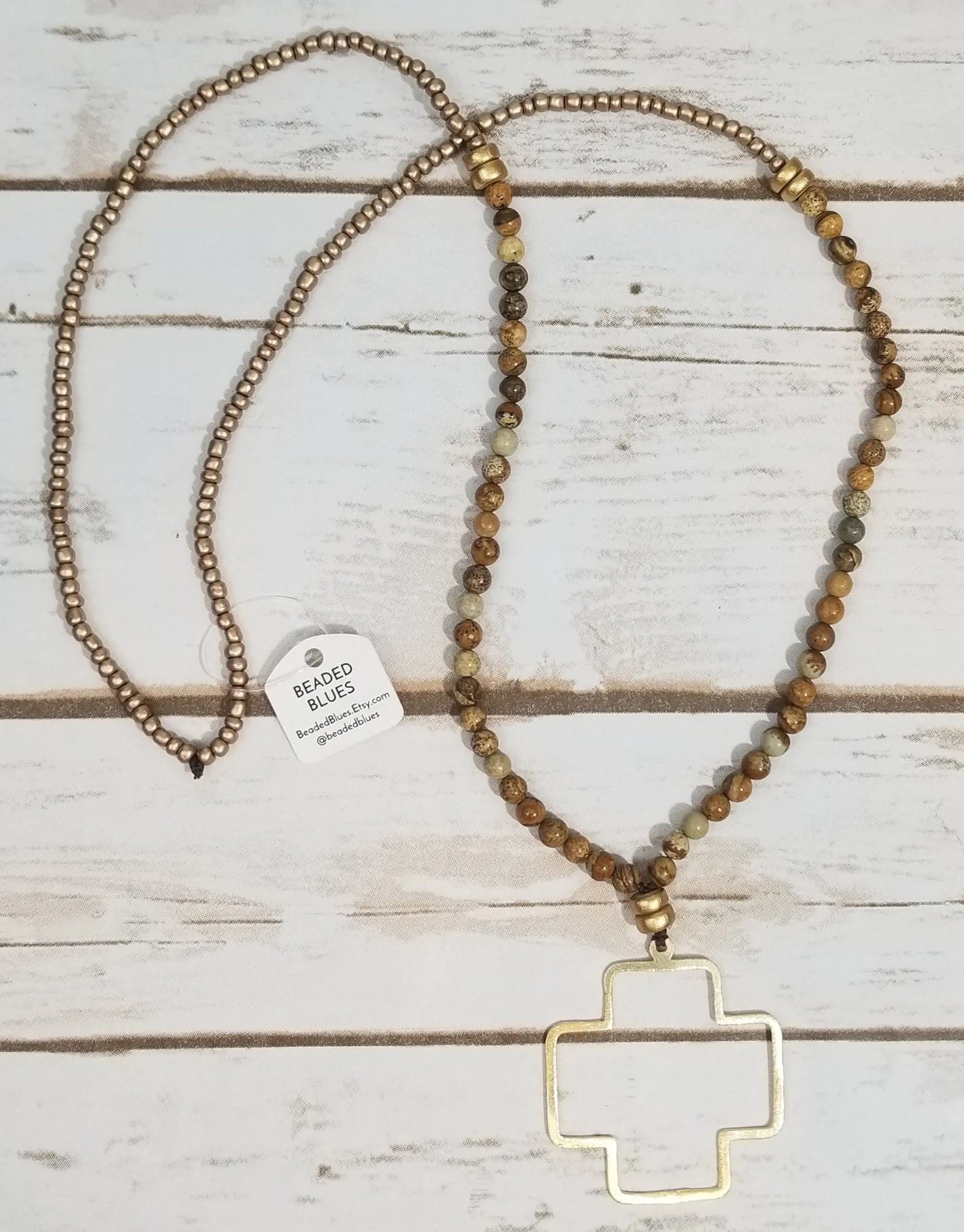 Long Wood Beaded Necklace w/ Gold Cross Like Pendant