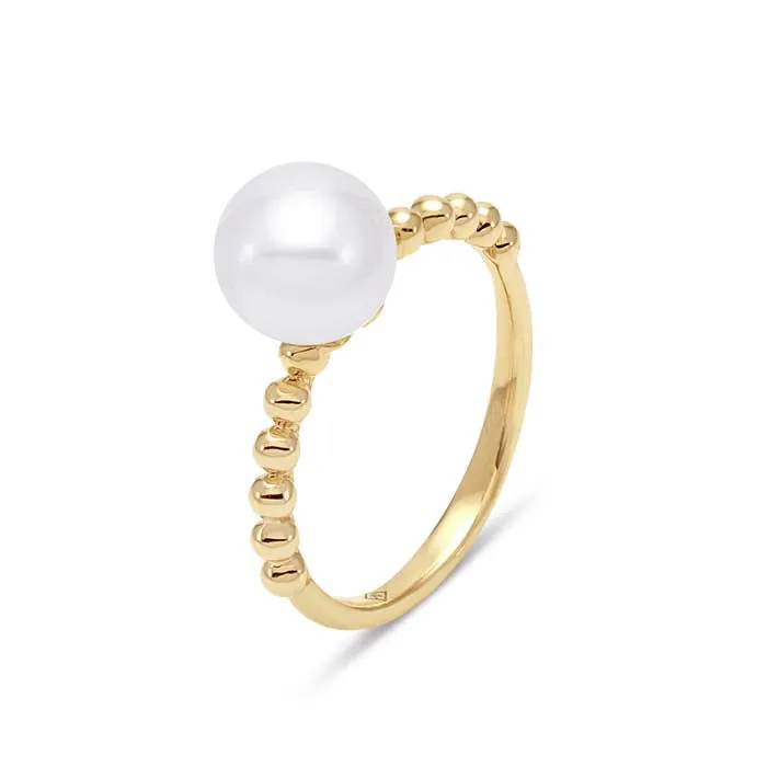 Mastoloni 8-8.5mm Freshwater Cultured Pearl Ring with Beaded Shoulders in 14K Yellow Gold
