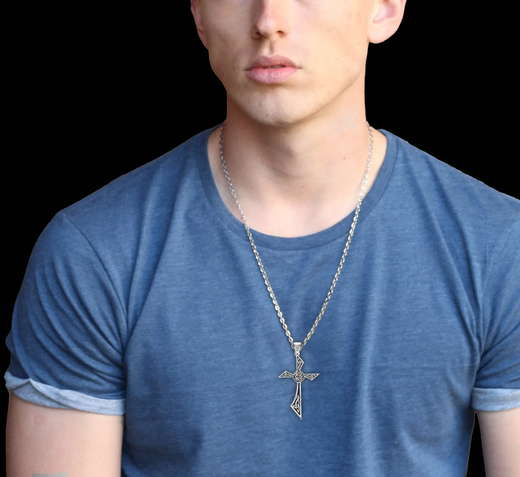 Men's Solid 925 Sterling Silver Modern Style Celtic Cross Pendant Necklace, 35mm