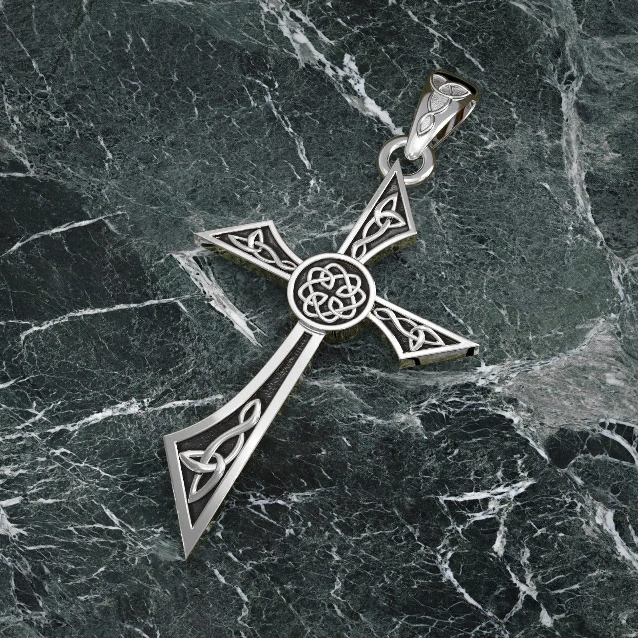 Men's Solid 925 Sterling Silver Modern Style Celtic Cross Pendant Necklace, 35mm