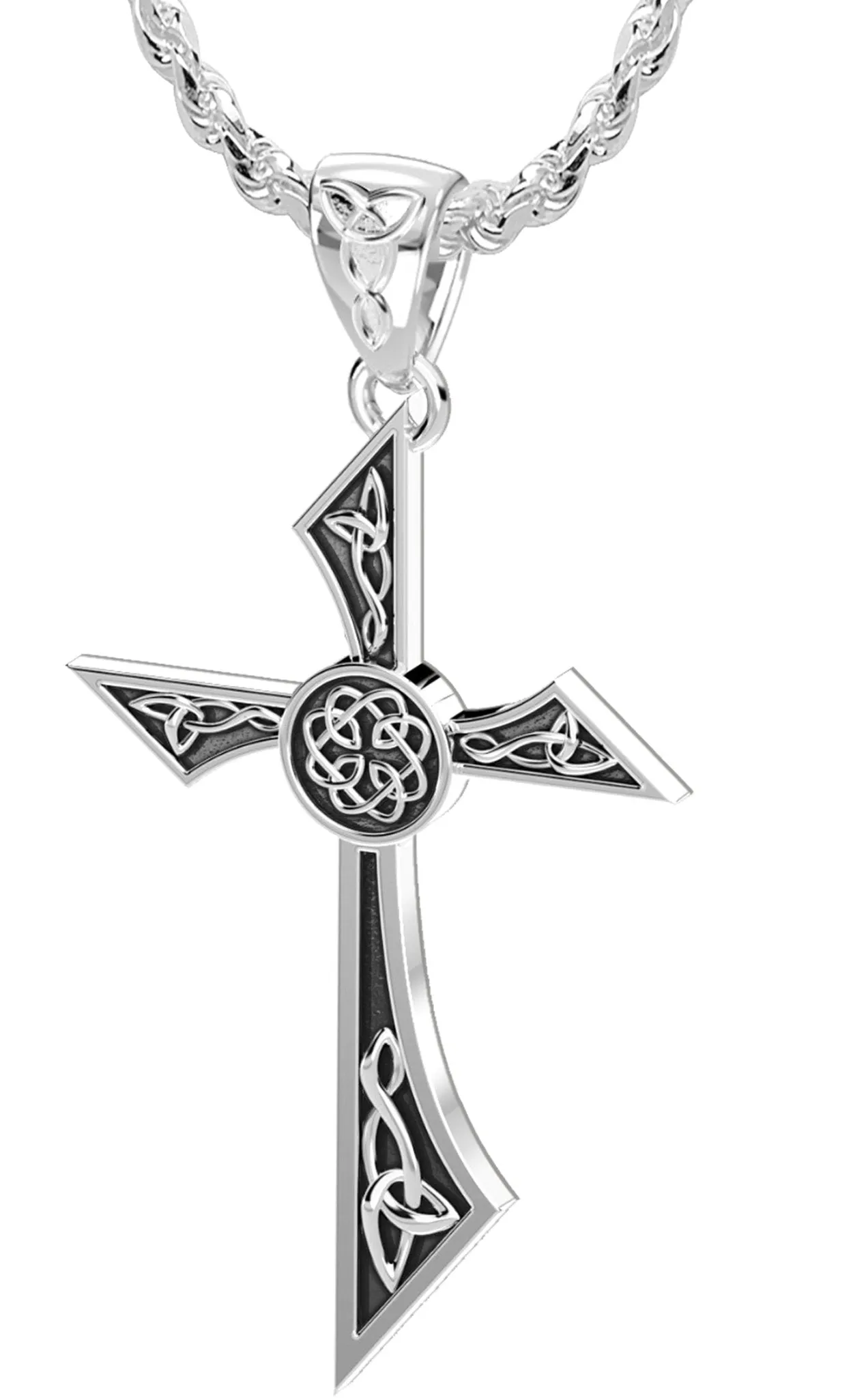 Men's Solid 925 Sterling Silver Modern Style Celtic Cross Pendant Necklace, 35mm