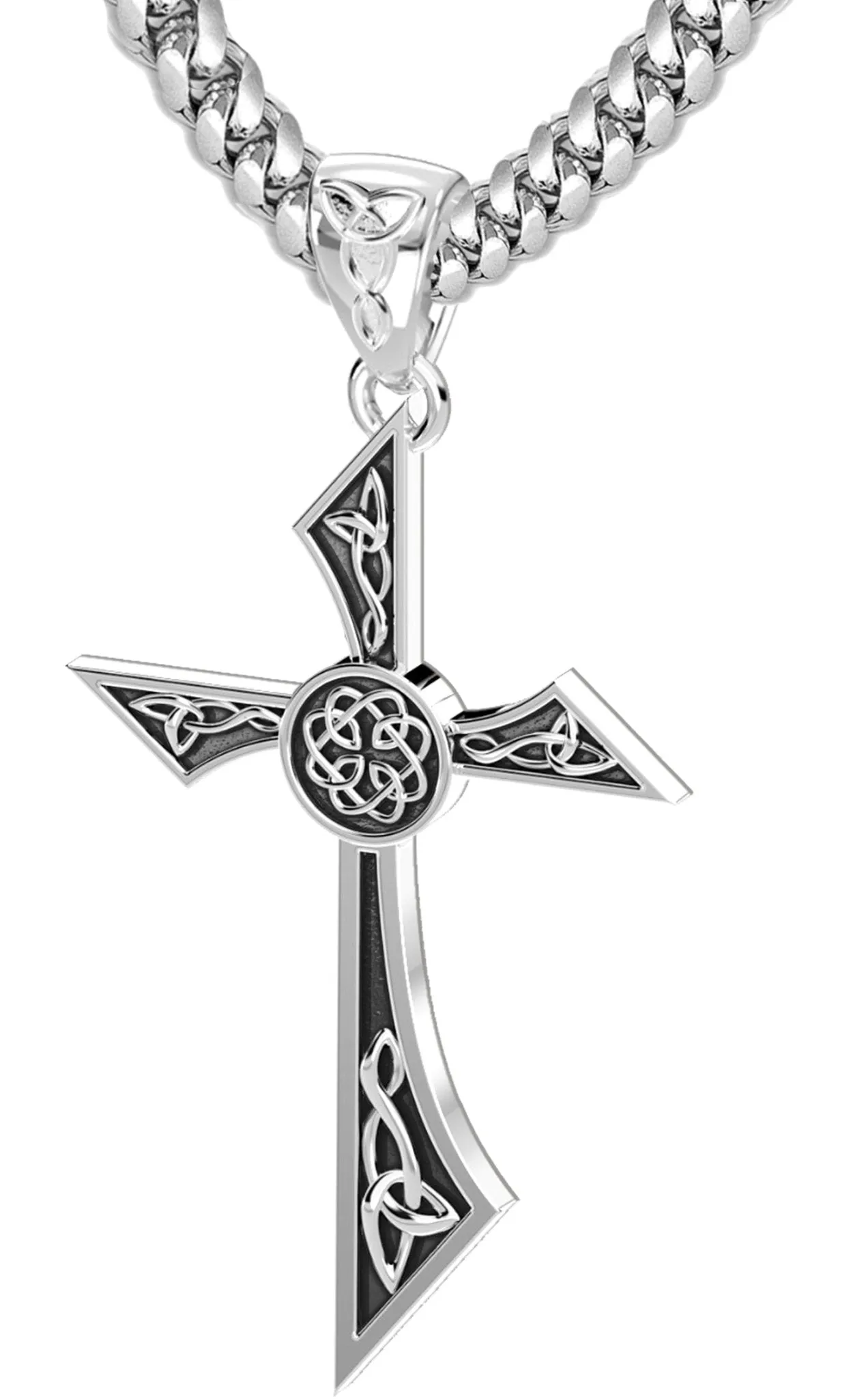Men's Solid 925 Sterling Silver Modern Style Celtic Cross Pendant Necklace, 35mm