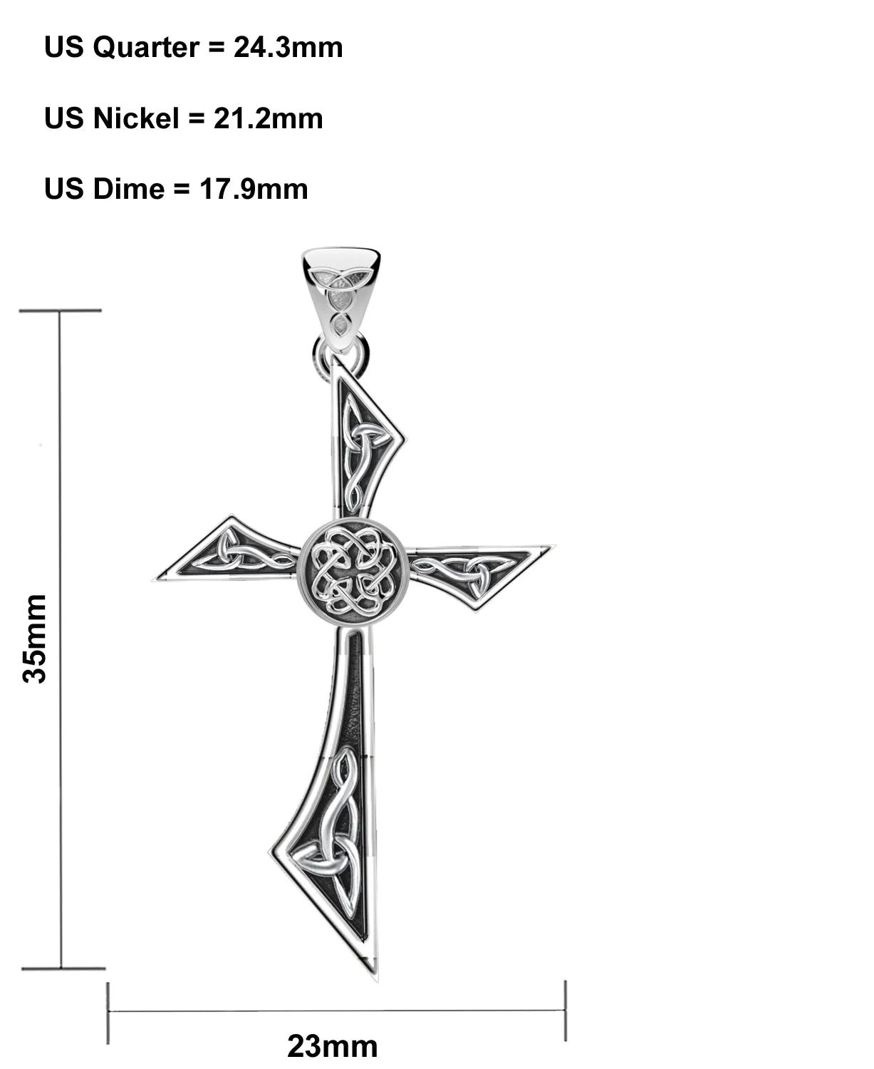 Men's Solid 925 Sterling Silver Modern Style Celtic Cross Pendant Necklace, 35mm