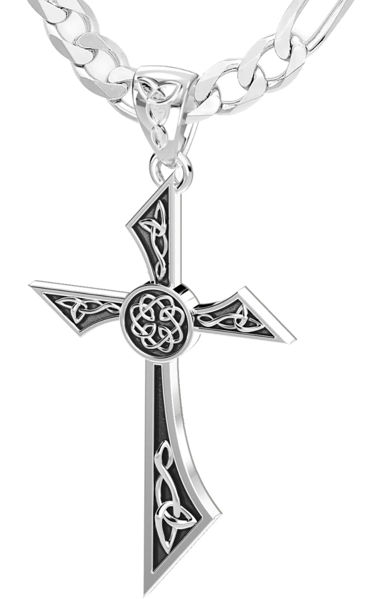 Men's Solid 925 Sterling Silver Modern Style Celtic Cross Pendant Necklace, 35mm