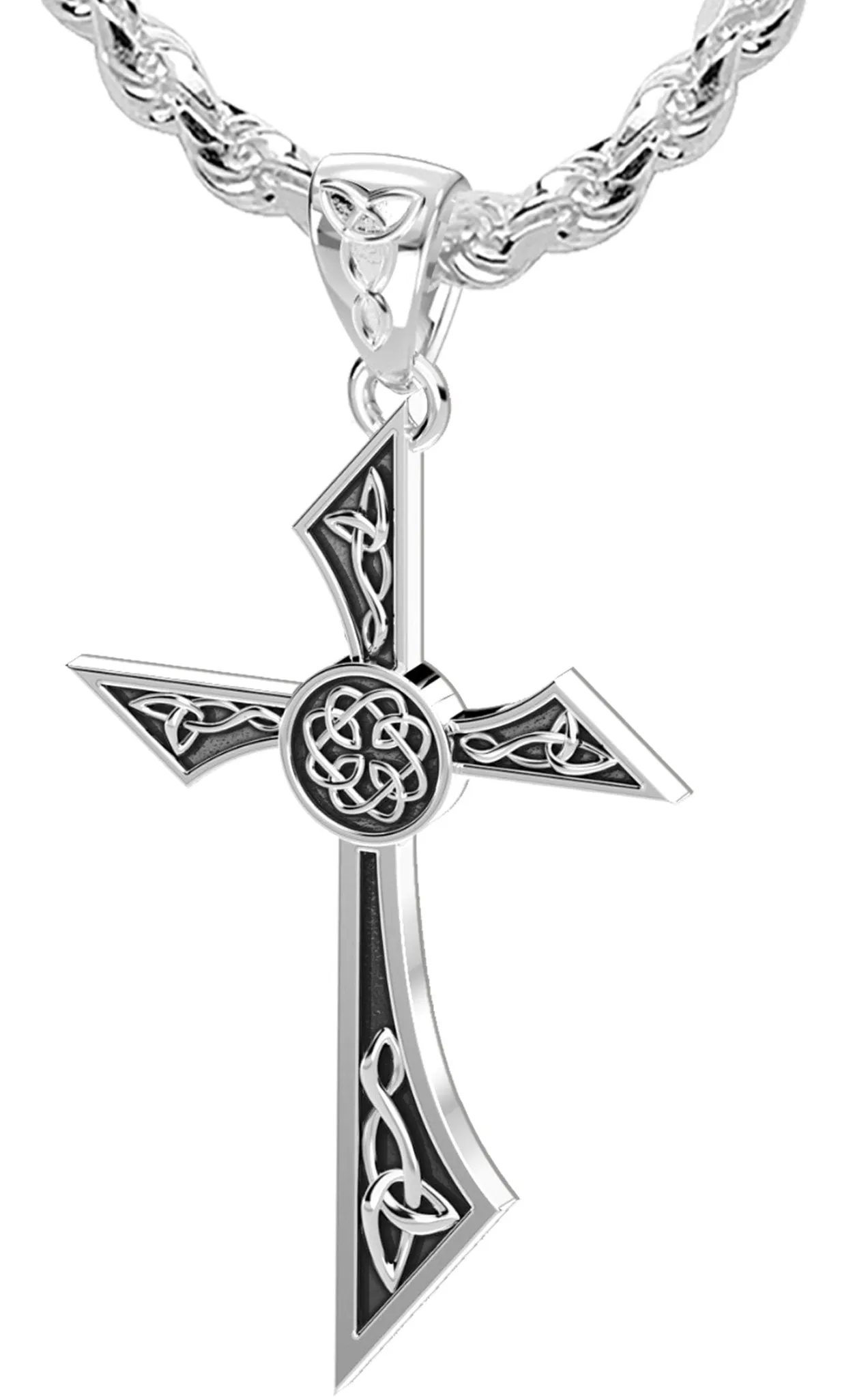Men's Solid 925 Sterling Silver Modern Style Celtic Cross Pendant Necklace, 35mm