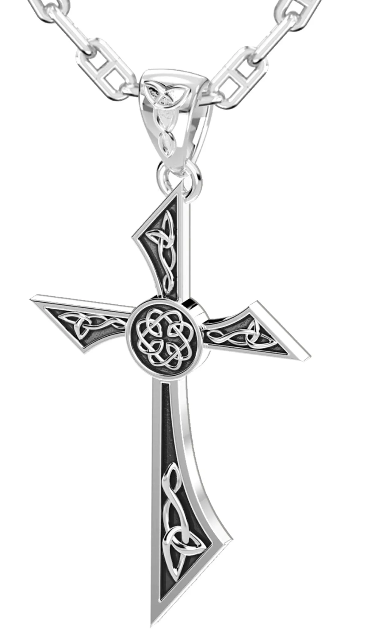 Men's Solid 925 Sterling Silver Modern Style Celtic Cross Pendant Necklace, 35mm