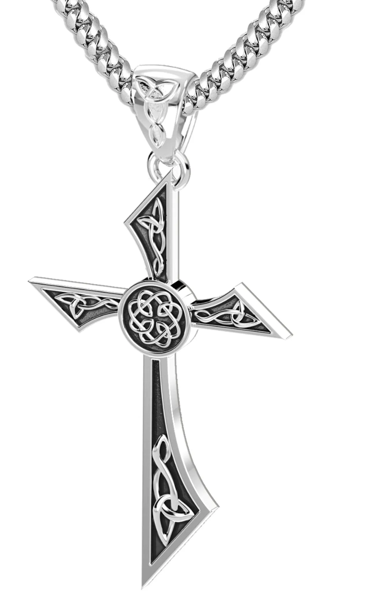 Men's Solid 925 Sterling Silver Modern Style Celtic Cross Pendant Necklace, 35mm