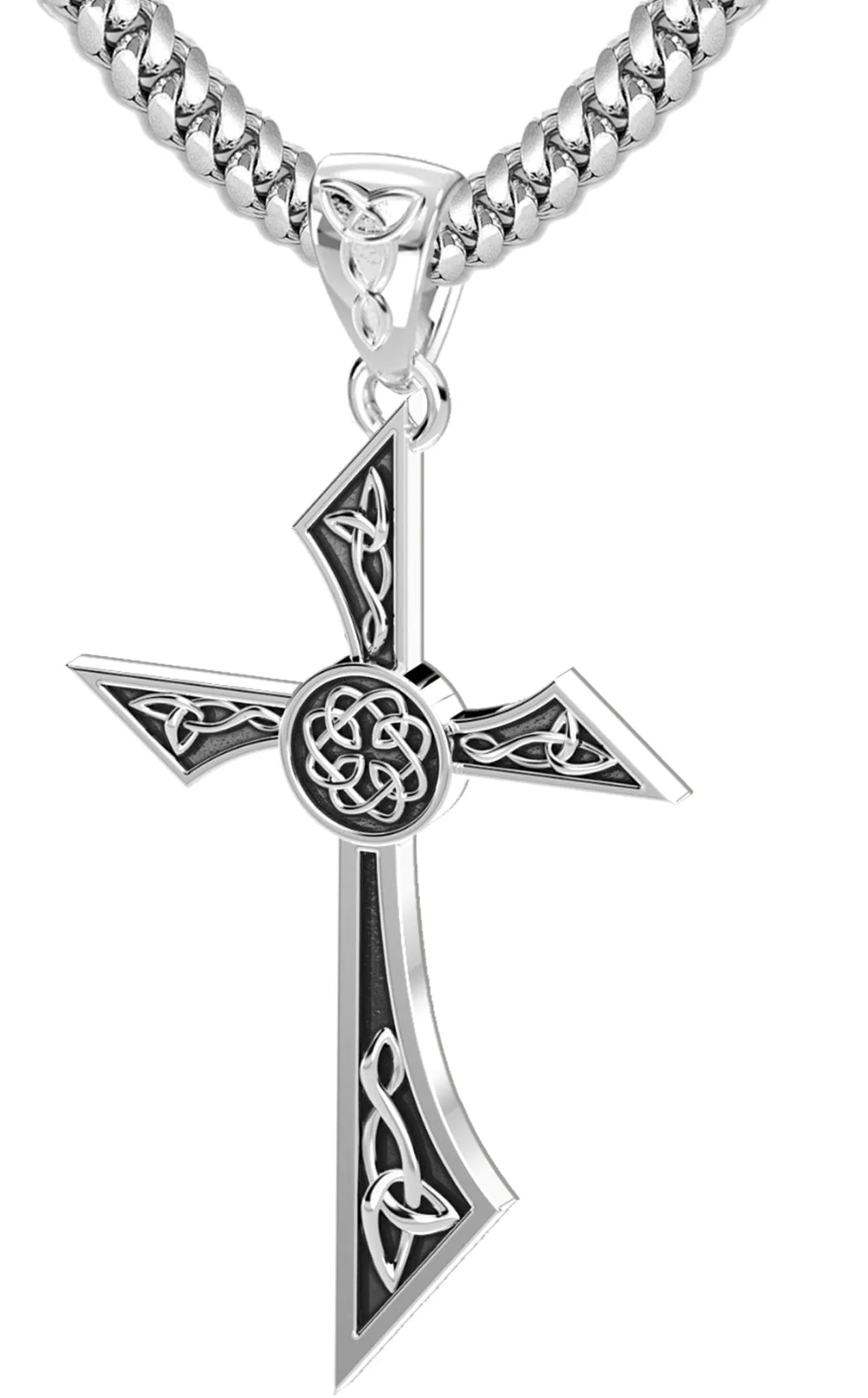 Men's Solid 925 Sterling Silver Modern Style Celtic Cross Pendant Necklace, 35mm