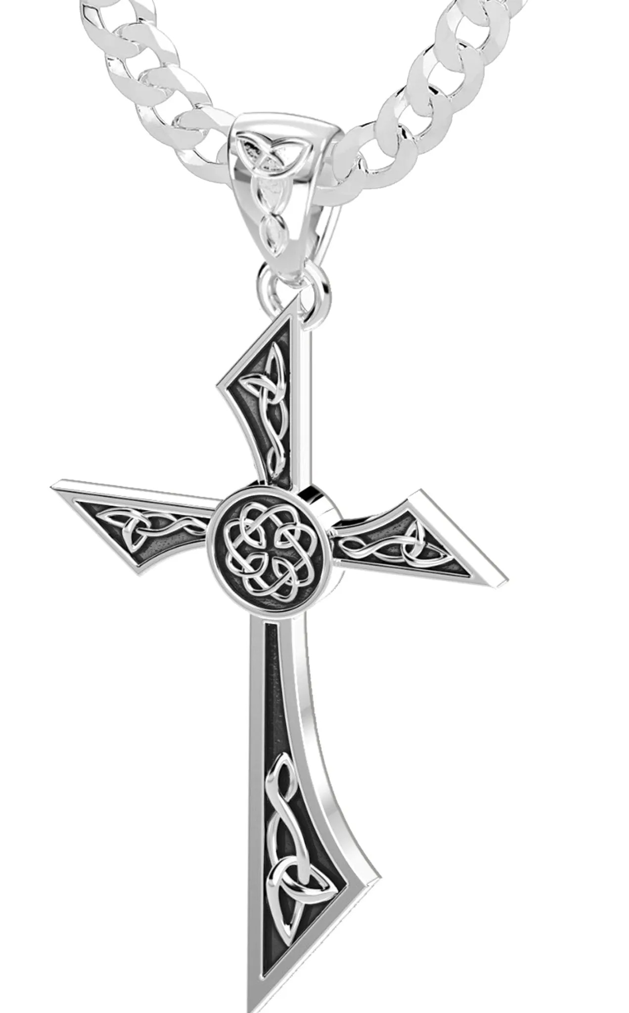 Men's Solid 925 Sterling Silver Modern Style Celtic Cross Pendant Necklace, 35mm